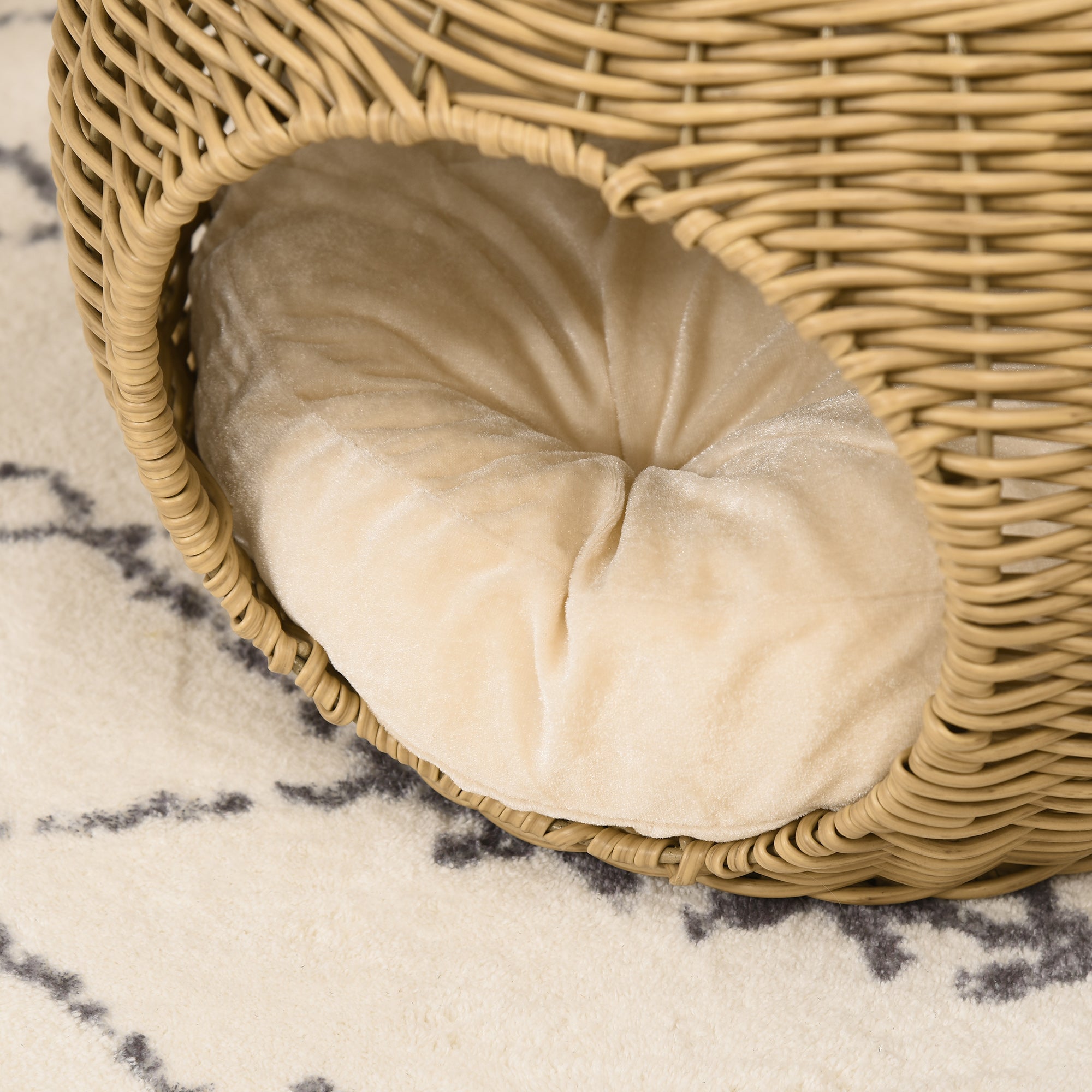 PawHut katės namelis su minkšta pagalvėle - Ratano stiliaus pintas dervos imituojantis namelis su Ø 40 x 30 cm šviesiai ruda