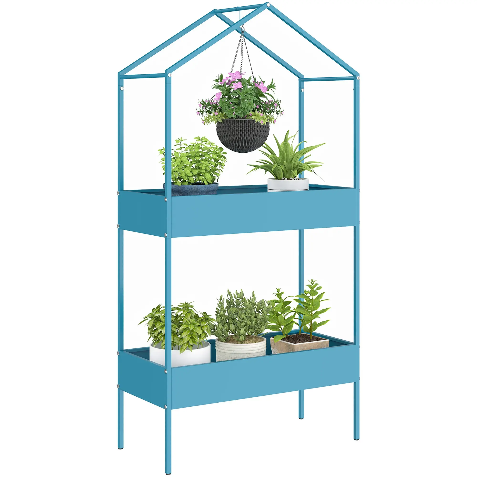 2-Tier Metal Plant Stand — House-Shaped Shelf with Top Hook, Indoor/Outdoor, 29.5 x 13.8 x 59 in, Teal