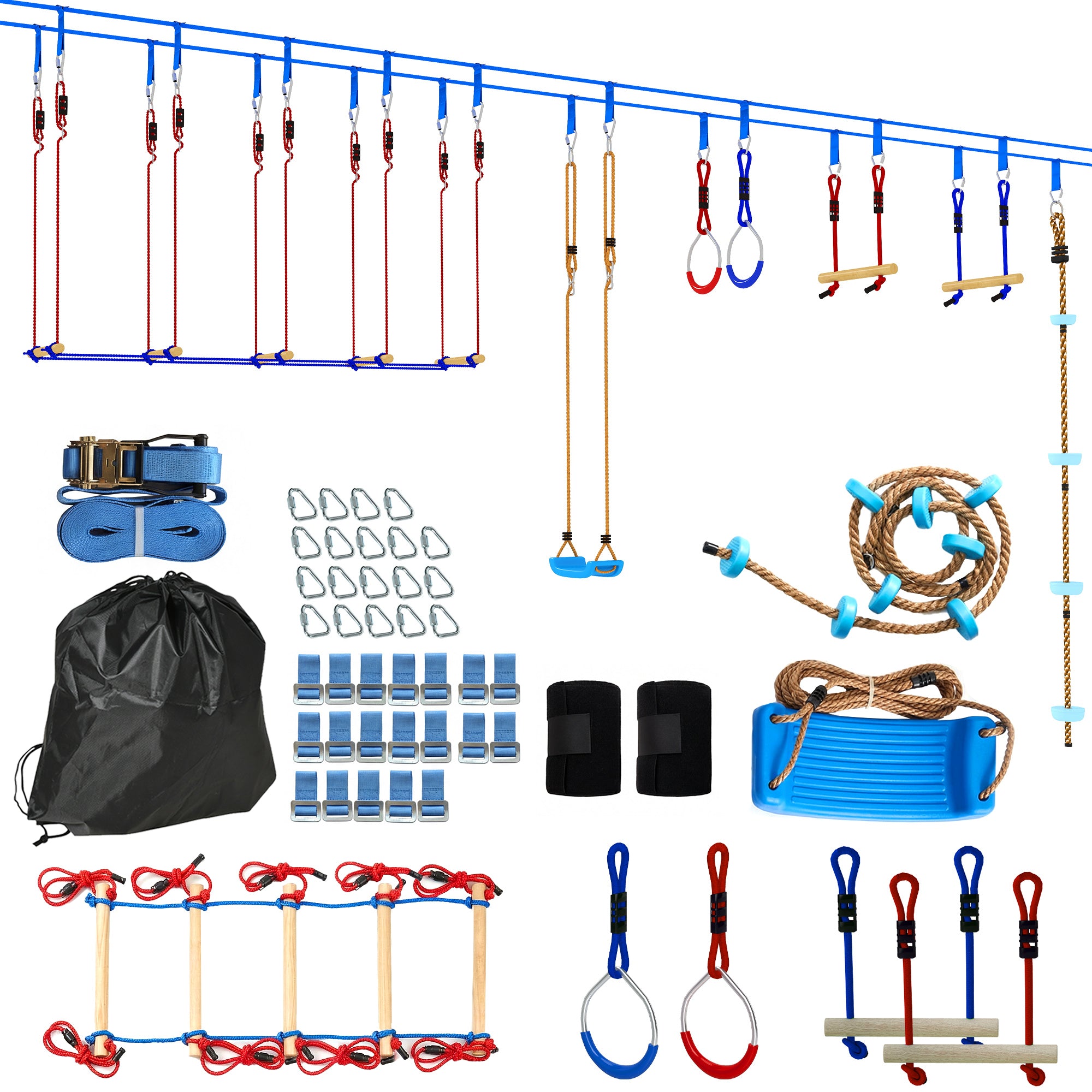 Kids Ninja Line 24 m Slackline Set with Gym Rings, 7 Obstacles, Climbing Bar & Balance Bridge — Obstacle Course for Ages 3–6 (Red/Blue)