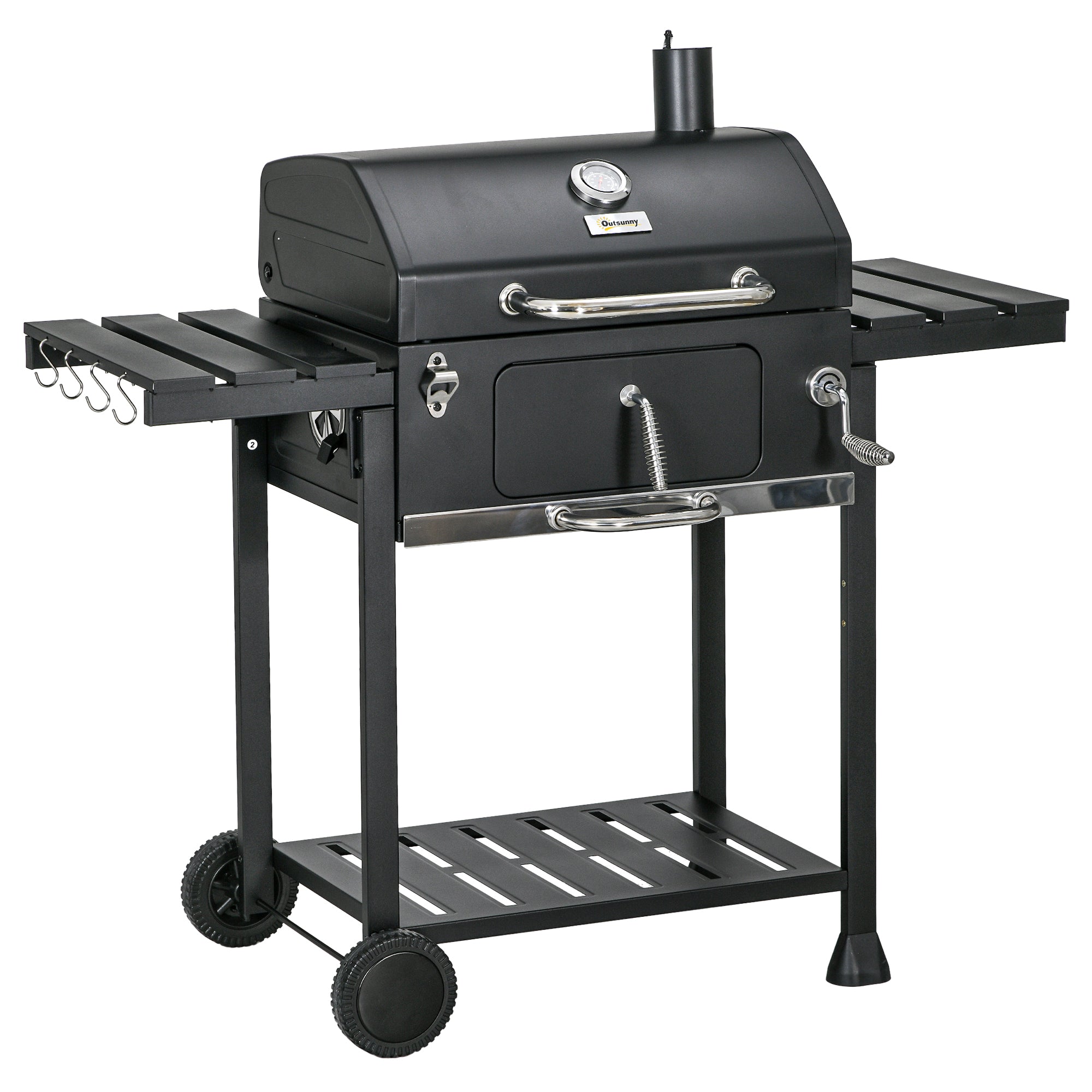 Outsunny Kulgrill, Campinggrill med To Grillare, Foldbart Sideskive, Grillvogn med Hylde, BBQ Håndtag, Rustfrit Stål, Sort, 120 x 64 x 114 cm