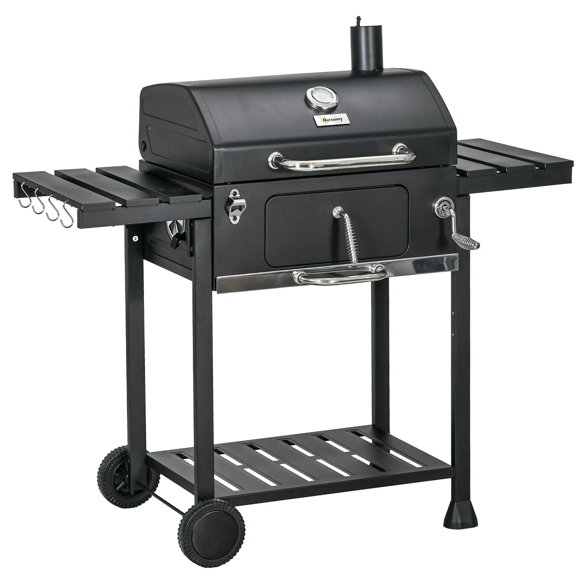 Charcoal Grill, Camping Grill with Two Grills, Folding Side Table, Grill Cart with Shelf, BBQ Handle, Stainless Steel, Black, 120 x 64 x 114 cm