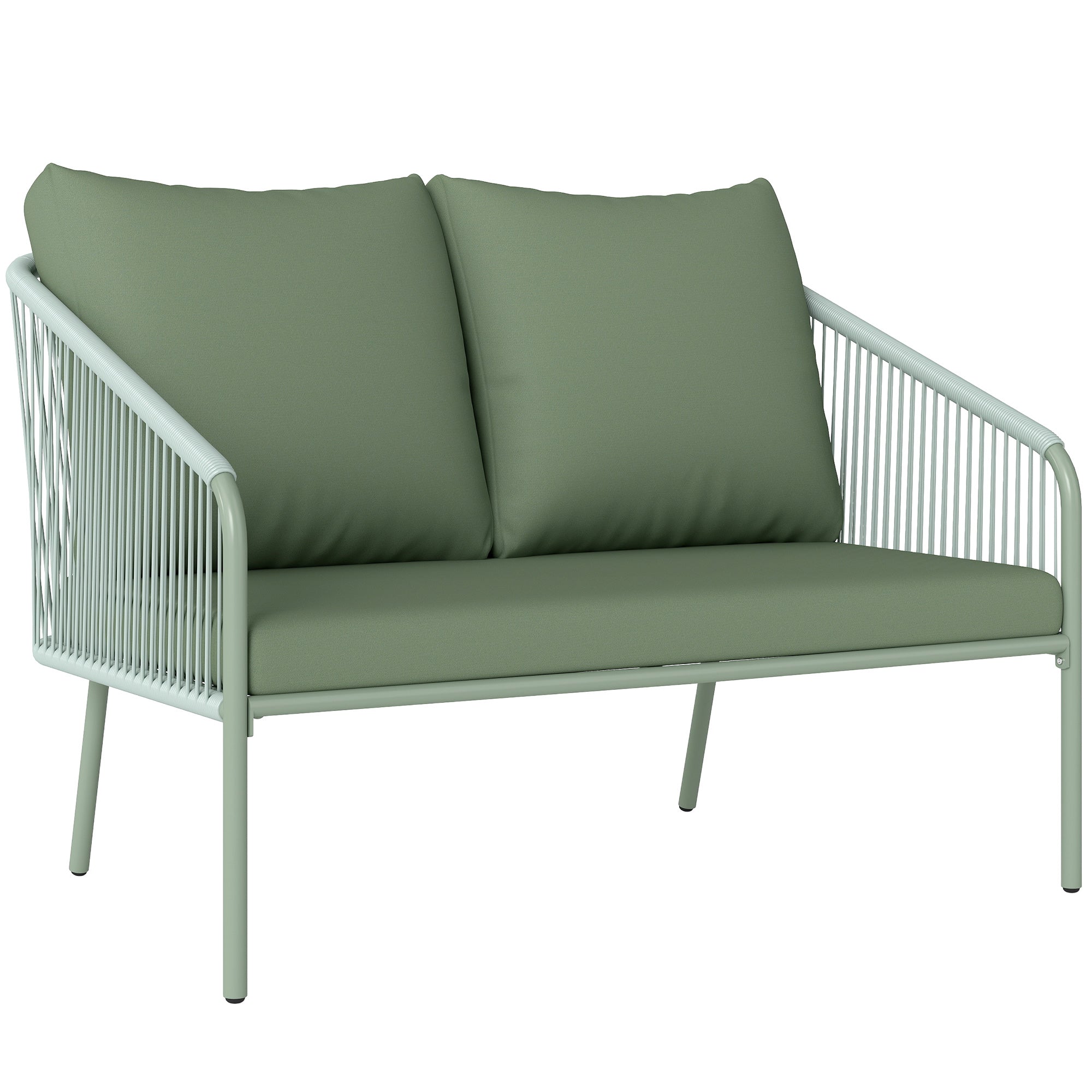 Outsunny 2místná zahradní pohovka z PE ratanu, Boho styl venkovní loveseat s odnímatelnými polštáři, opěrkami na ruce a ocelovým rámem, venkovní pohovka na terasu a dvorek, zelená