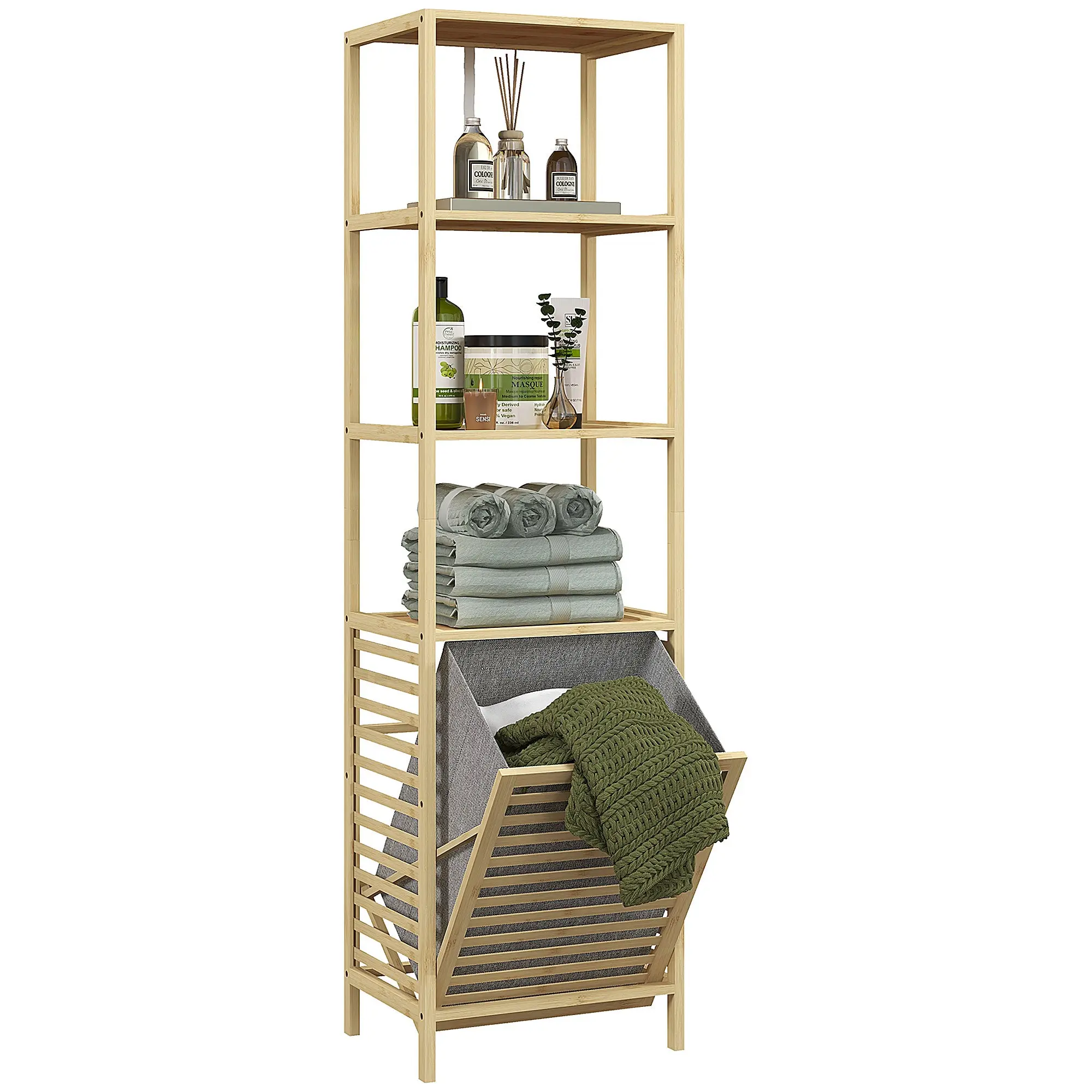 Bathroom Shelf with Laundry Basket, Bathroom Shelf with 3 Levels, Extendable Fabric Basket, Bathroom Cabinet with Tilt Protection for Living Room, Bathroom, Bamboo, 44 x 33 x 160 cm