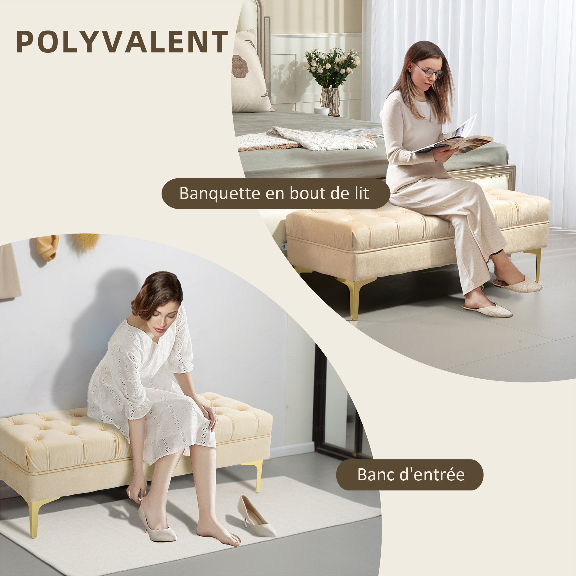 HOMCOM Čalúnená lavica na konci postele, klasický chic štýl, rozmer 118 Š x 45 H x 42 V cm, zlaté kovové nohy, béžový zamat