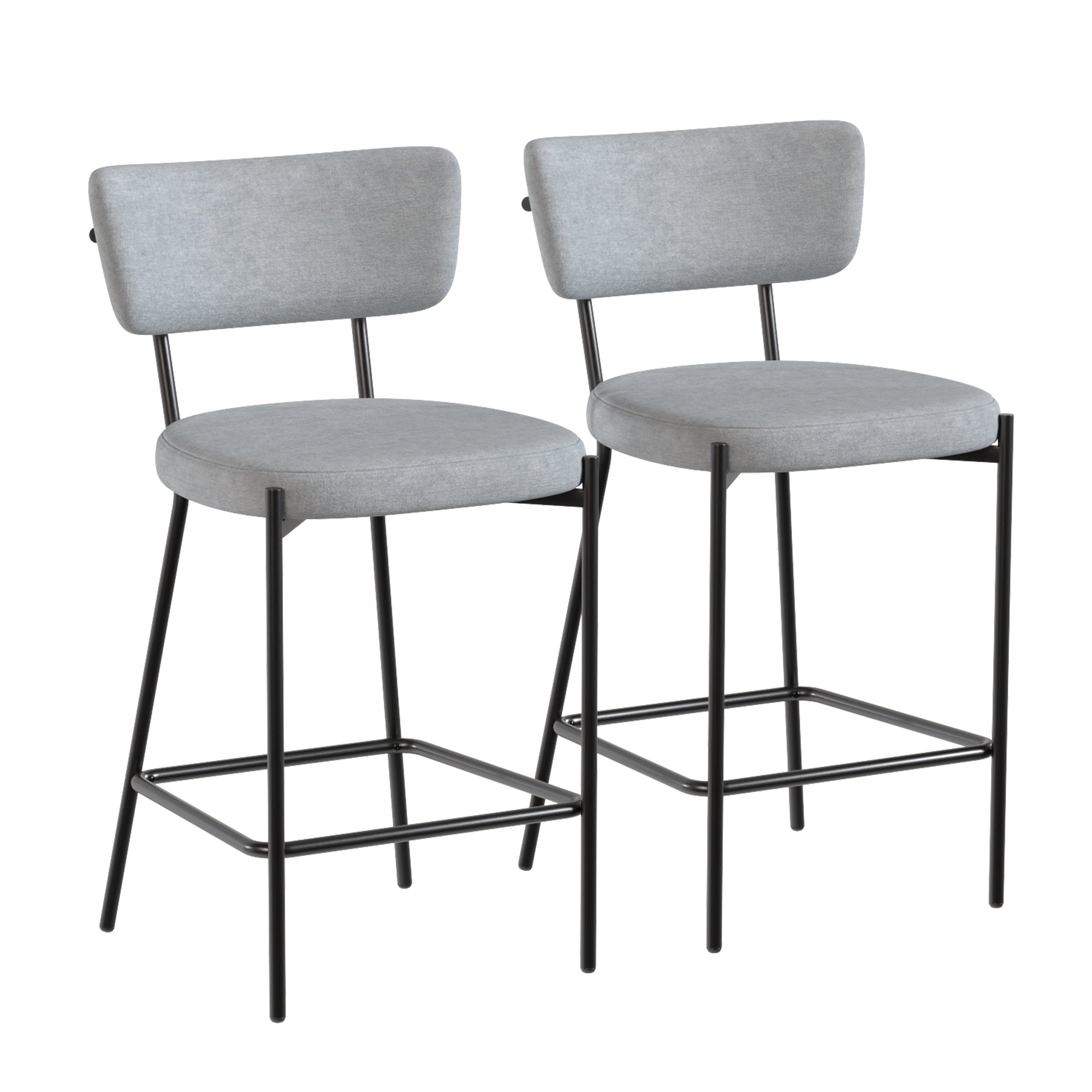 HOMCOM 2-pack stoppade barstolar — sittshöjd 63 cm, böjd rygg och fotstöd, metallben, tyg i linnekänsla, ljusgrå