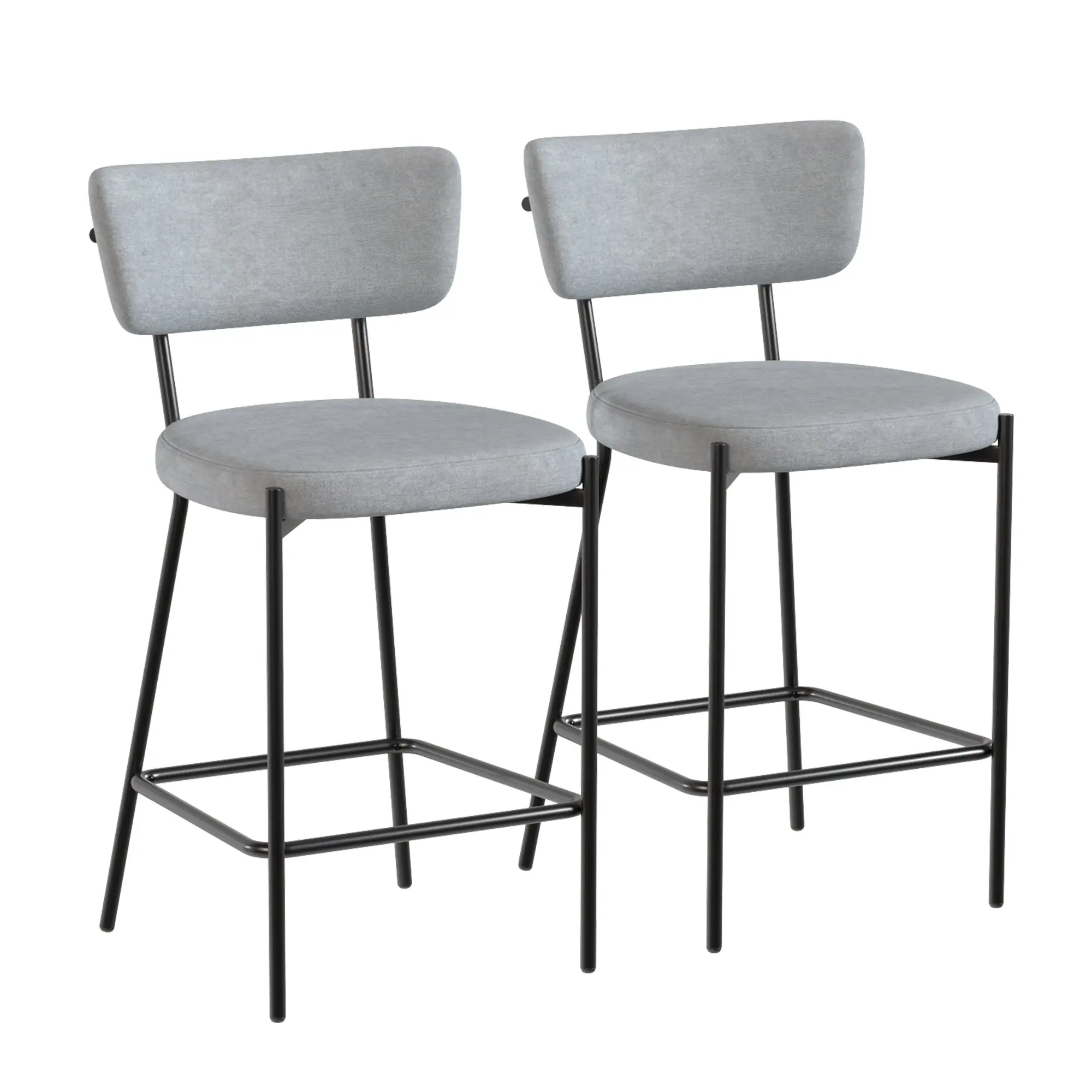Set of 2 Upholstered Bar Stools — 24.8" Seat Height, Curved Back & Footrest, Metal Legs, Linen-Look Fabric, Light Gray