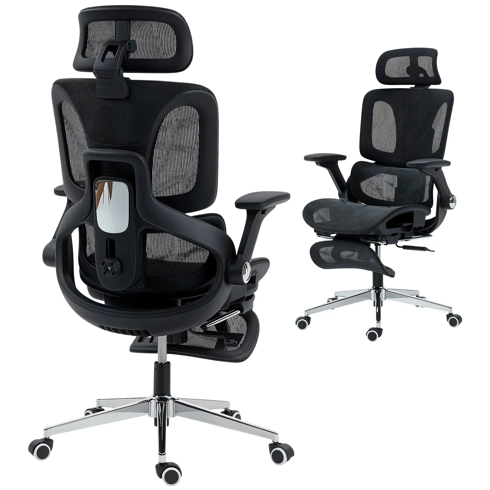 Ergonomic Mesh Office Chair — 4D Armrests, Adjustable Headrest & Seat Depth, Reclines to 135° with Footrest, Height-Adjustable Lumbar Support (Black)