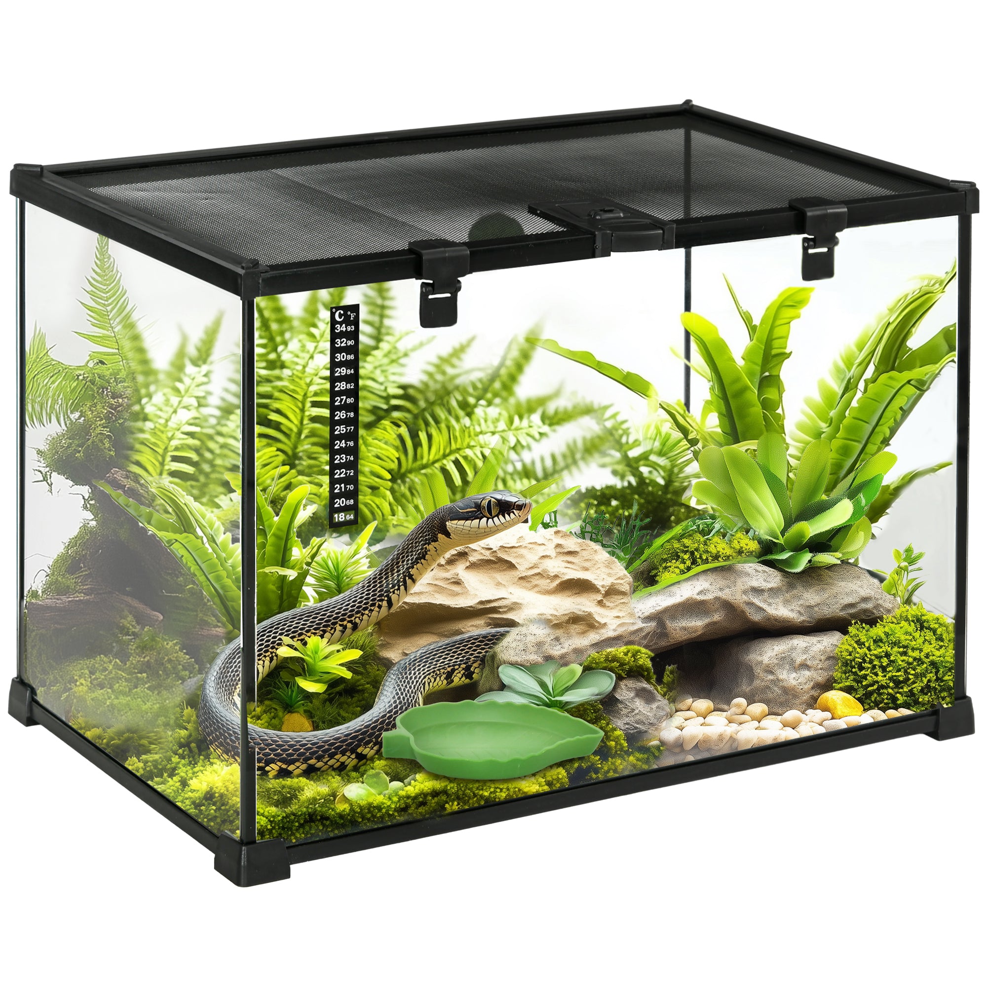 Terrarium PawHut για Ερπετά - Κουτί Σίτισης από Γυαλί για Ερπετά, Αμφιβίους και Αραχνίδες με Θερμόμετρο - Κουτί Αναπαραγωγής Ερπετών από Μέταλλο Μαύρο 50 x 30 x 35 εκ.