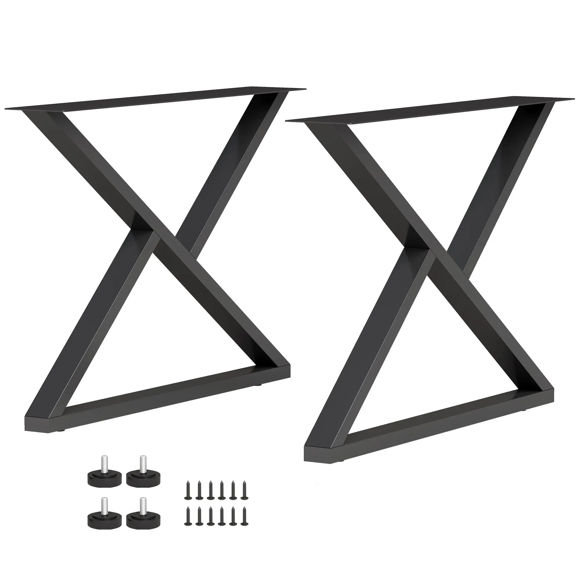 Set of 2 X-Shape Steel Table Legs with 12 Screws & Adjustable Feet — Industrial Style for Benches, Coffee & Side Tables, 23.6 x 3.9 x 16.9 in, Black