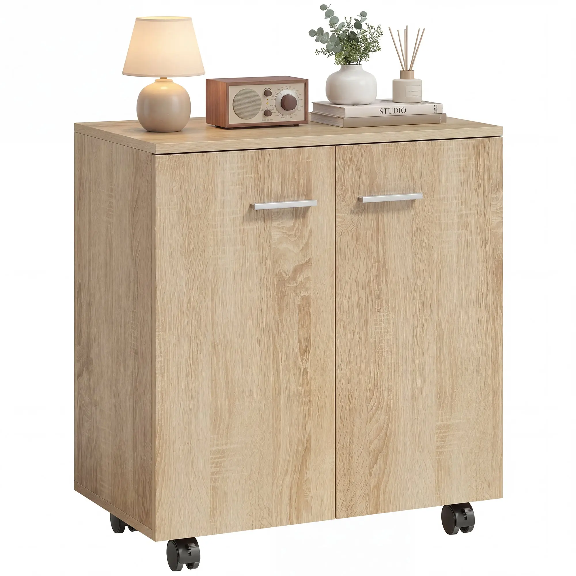 Mobile Sideboard with Wheels — 2-Door Cabinet with Shelves for Living Room, Bedroom & Office, 23.6" W x 13.8" D x 25.6" H, Natural Wood