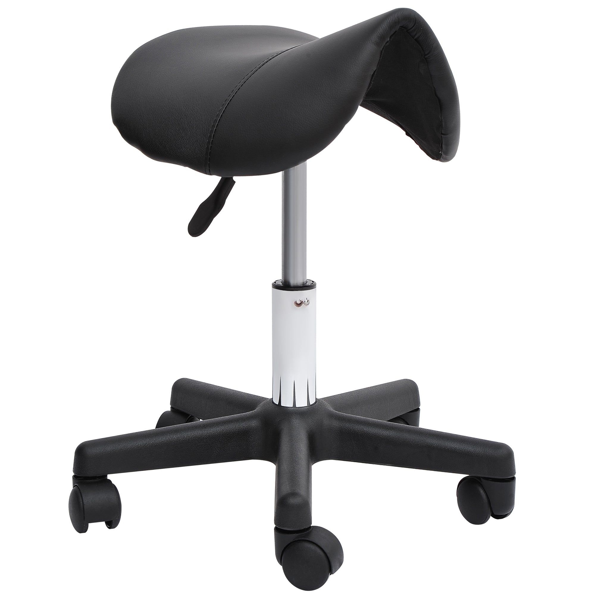 HOMCOM Reguliuojamo Aukščio Suvyniotas Stalas su Ratukais, Pasukamas Saloninis Krėslas, Dirbtuvių Stalas su Odos Panašia Danga, Juodas 35 x 38 x 43-55H cm