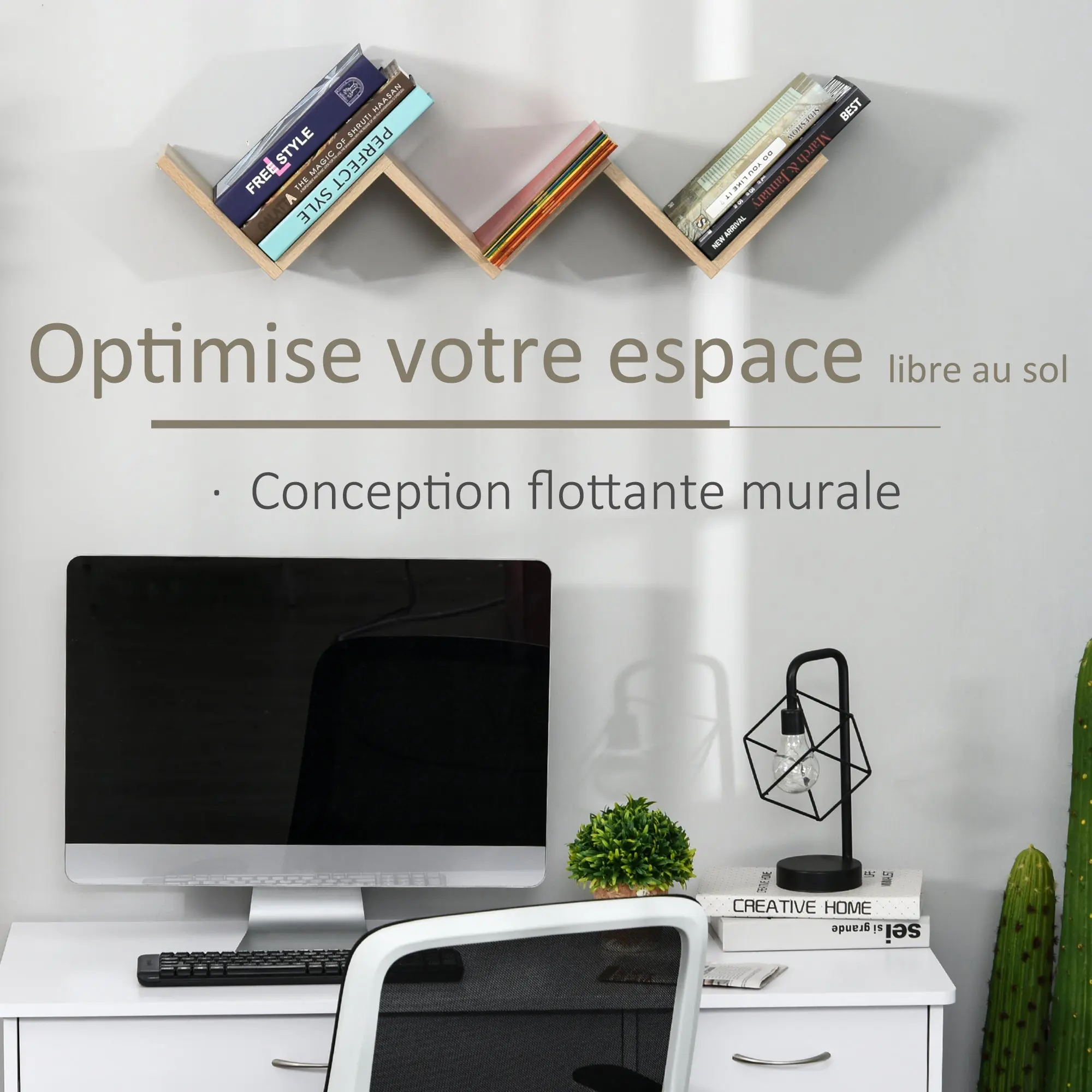 Floating Wall Shelves - contemporary V design - mounting kit included - light oak particle board panels