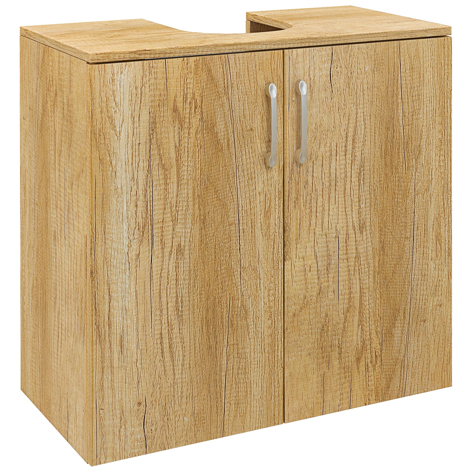 Modern Under-Sink Bathroom Vanity Unit, Wall-Mounted Cabinet with 2 Doors and 2 Shelves with U-Cutout in Wood, for Sinks with or without Pedestal, Natural Color