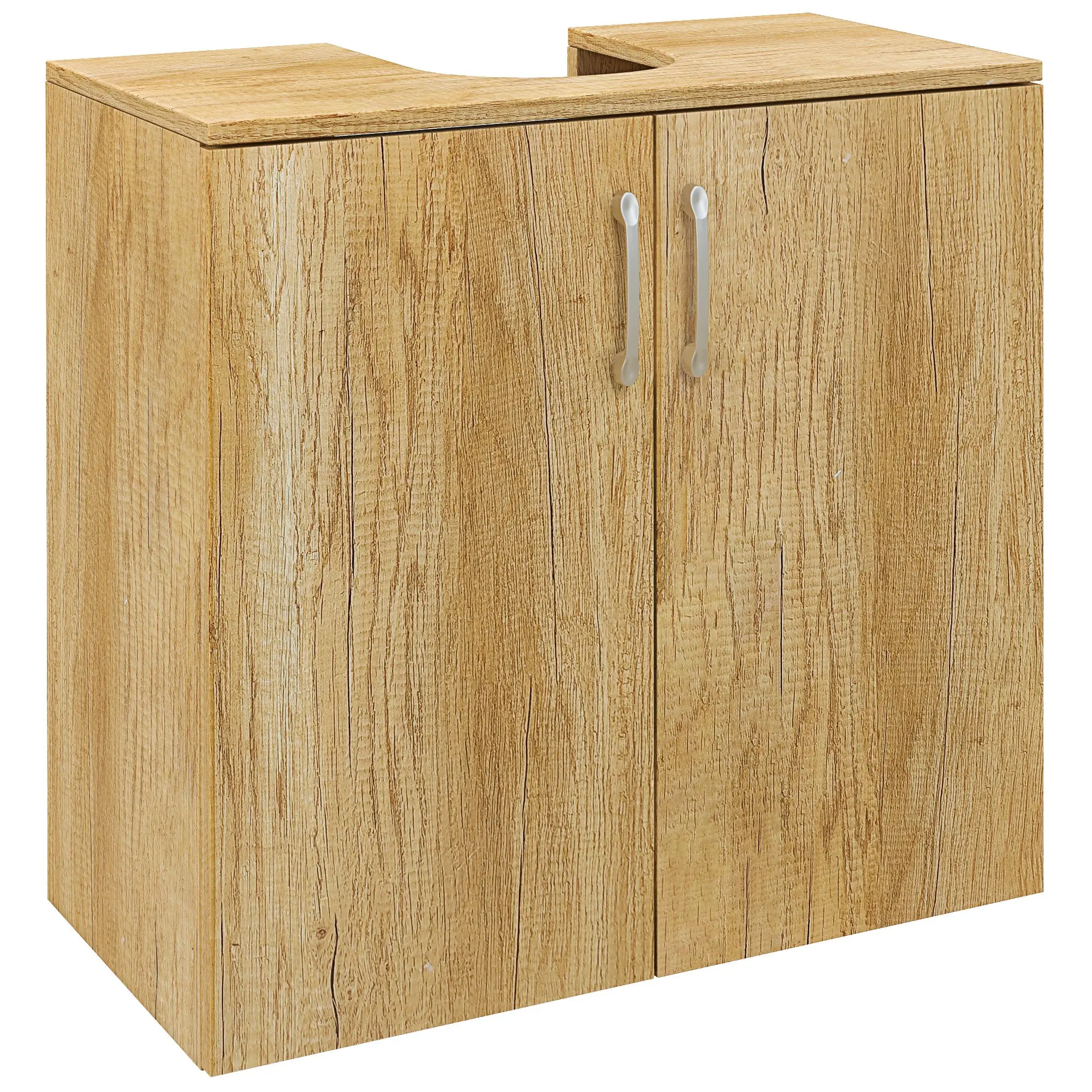Modern Under-Sink Bathroom Vanity Unit, Wall-Mounted Cabinet with 2 Doors and 2 Shelves with U-Cutout in Wood, for Sinks with or without Pedestal, Natural Color