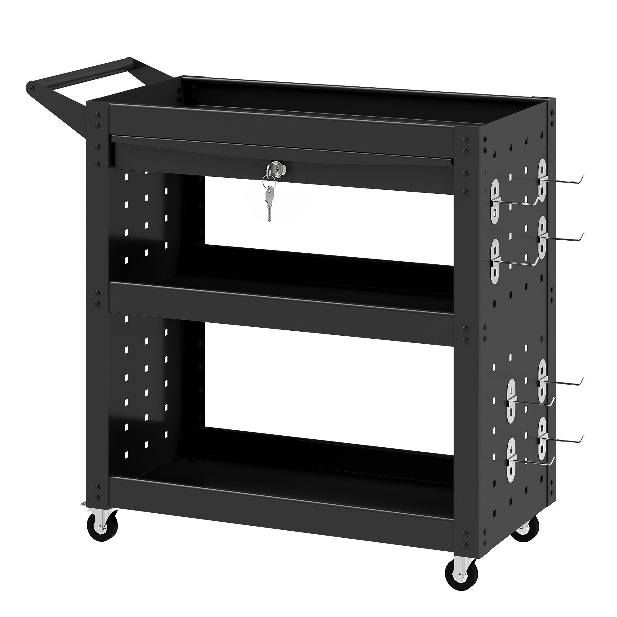 HOMCOM Werkstattwagen (leer) – 3-stufiger Werkstattwagen mit Lochplatten & abschließbarer Schublade, feststellbare Rollen, Tragkraft 90 kg, schwarz