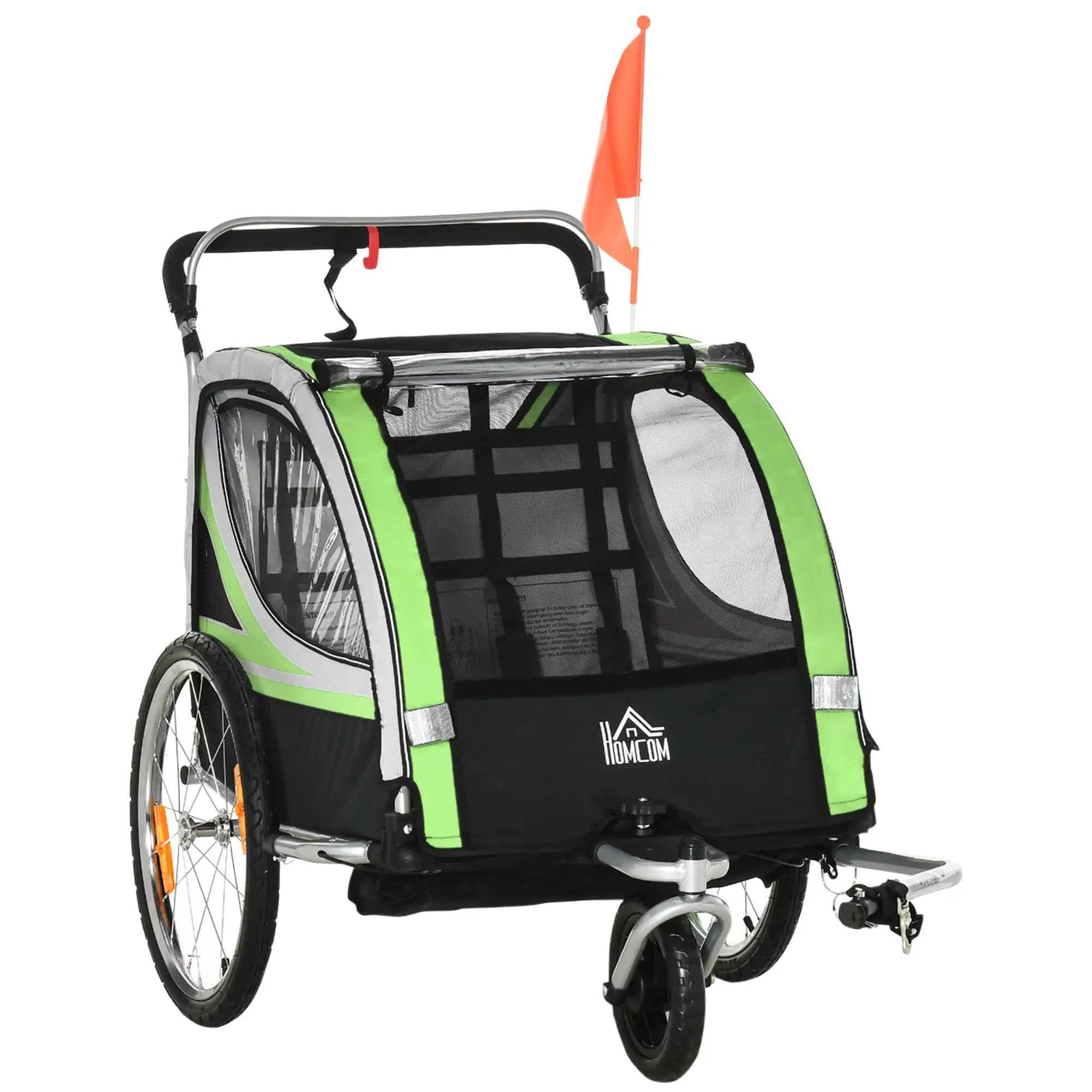 2 in 1 folding child trailer bike trailer with detachable front wheel, rear brakes, child bike trailer for 2 children from 18 months, up to 26.4 kg load-bearing capacity, Green