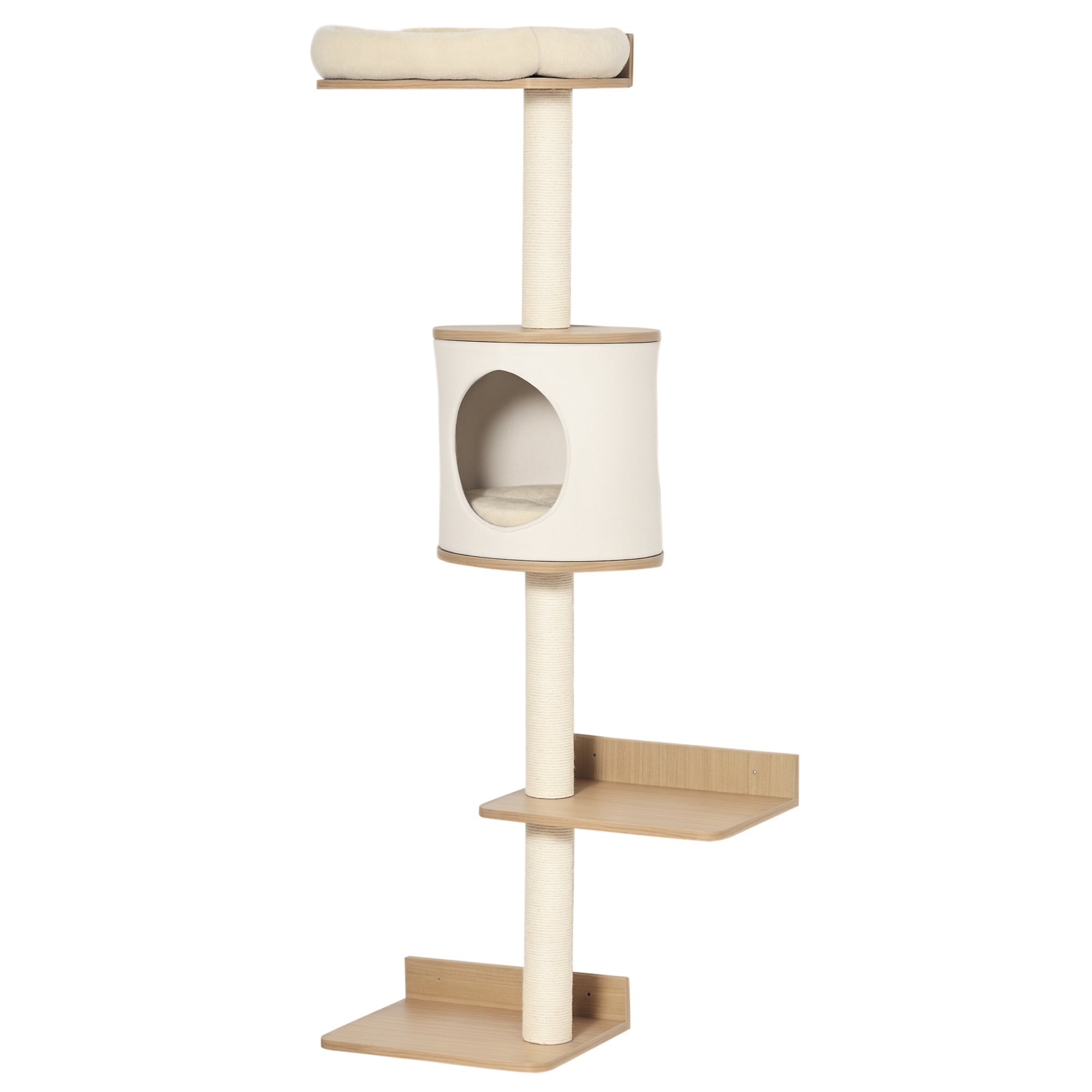 PawHut Falra Szerelhető Macska Fa 38x30x149 cm Több Fából Készült Platformmal, Barlanggal, Felső Ággyal, Mosható Párnával, Zsineges Karcoló Oszlopokkal, Mászótorony - Bézs és Tölgy