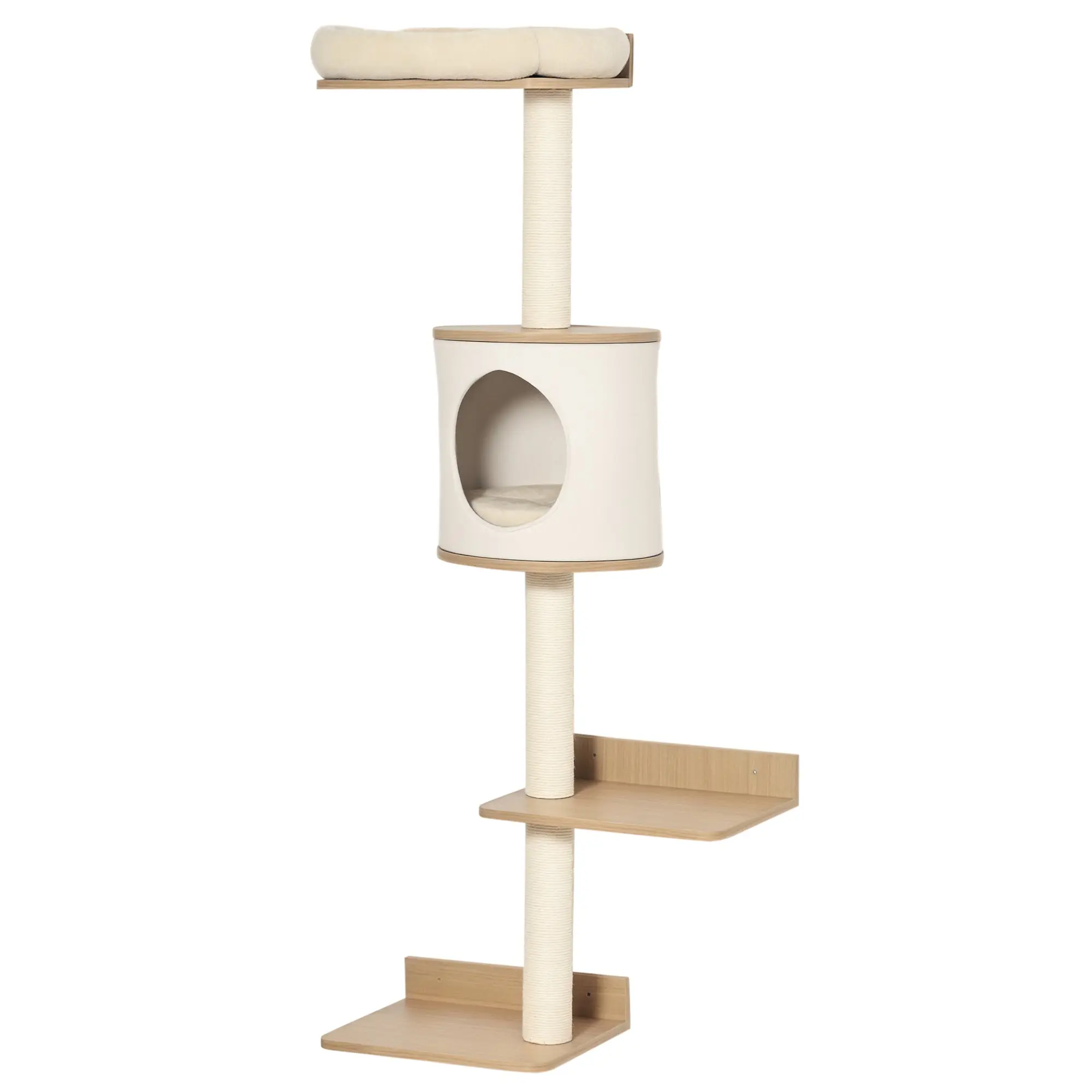 Wall-Mounted Cat Tree 38x30x149 cm with Multiple Wooden Platforms, Cave, Top Bed, Removable Cushion, Sisal Scratching Posts, Climbing Tower - Beige and Oak