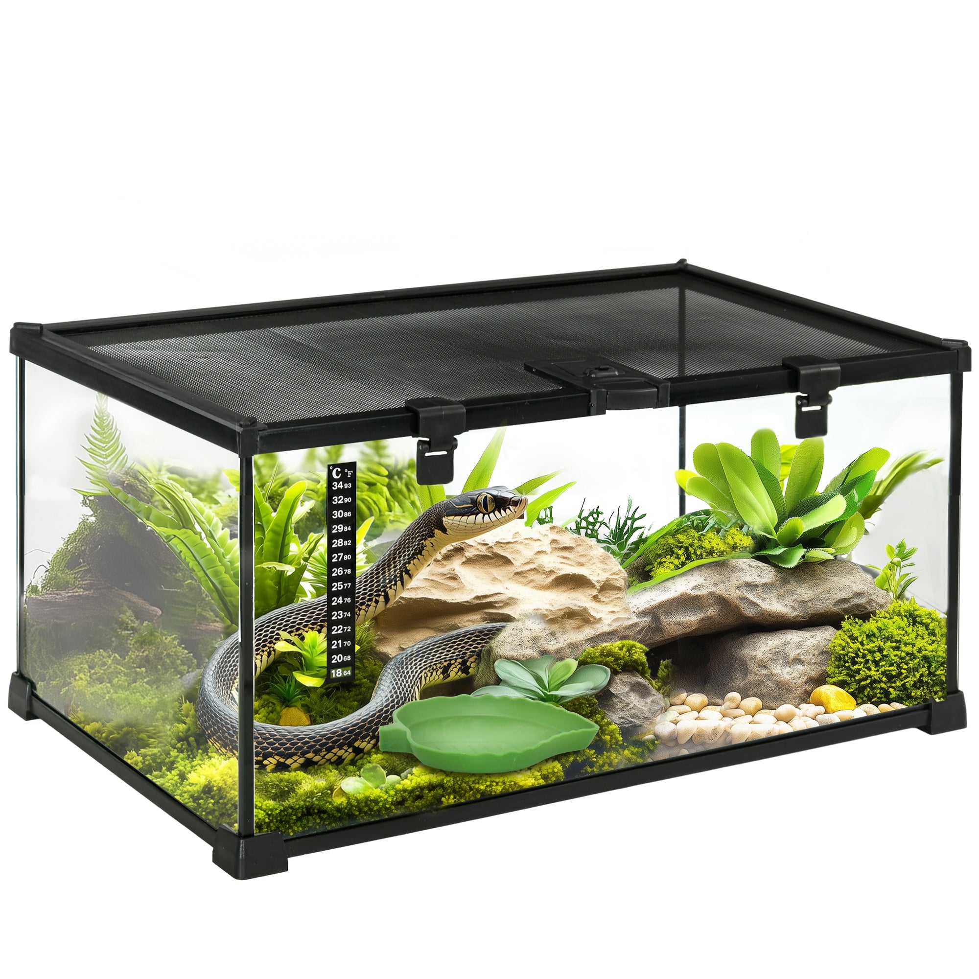 PawHut Roomukarp Reptoidide jaoks – Klaasist Roomukarp, Toidukarp Amfibiatele ja Ämblikutele Termomeetriga – Must Metall 50 x 30 x 25 cm