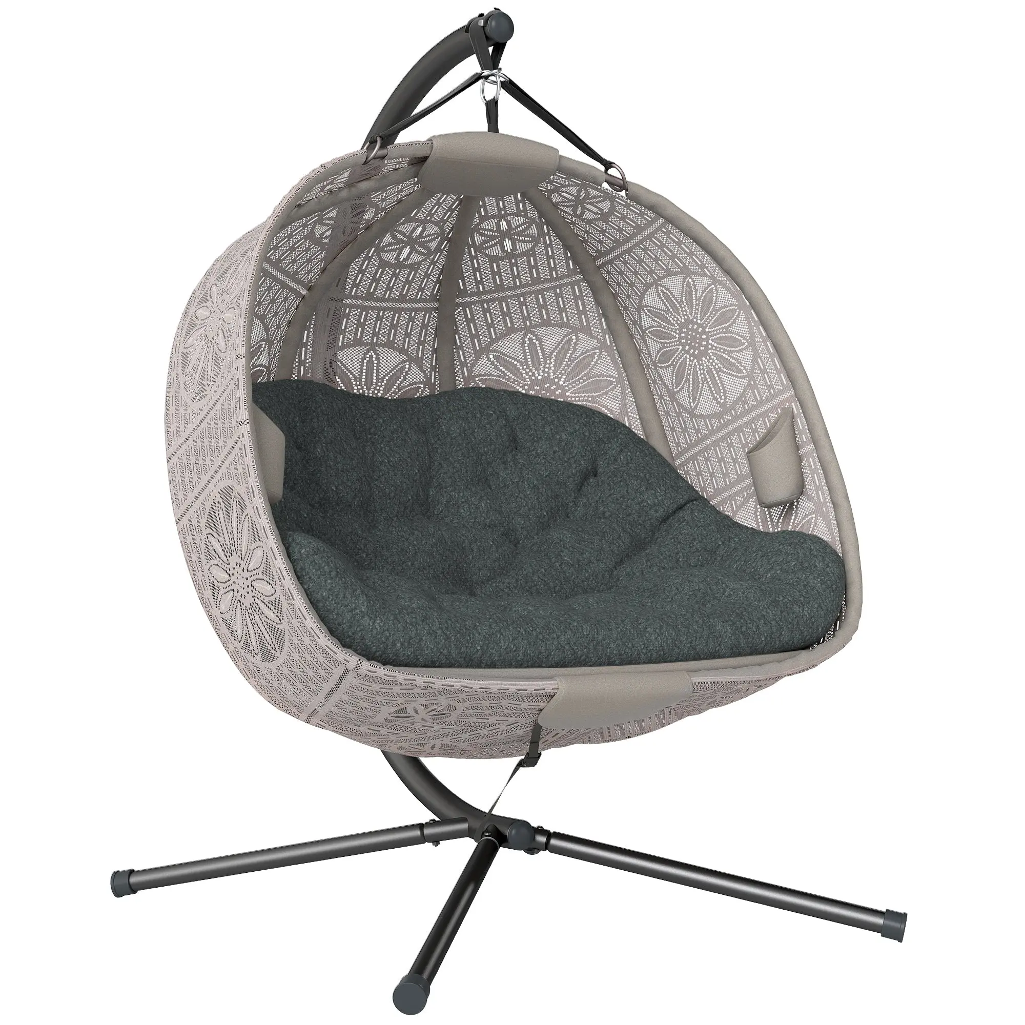 Hanging Chair with Stand, Egg-shaped Hanging Swing with Removable Washable Cushion, Hammock for 2 Persons, Swing Chair Indoor Outdoor, Sand+Black