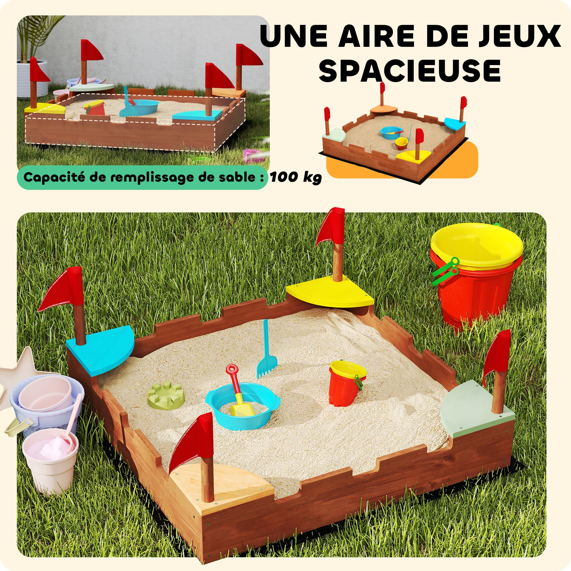 AIYAPLAY Houten Zandbak, Zandbak voor Kinderen van 3-7 Jaar met Zittingen, Vlaggen, Muurschildering Thema, 90 x 90 x 17 cm, Bruin