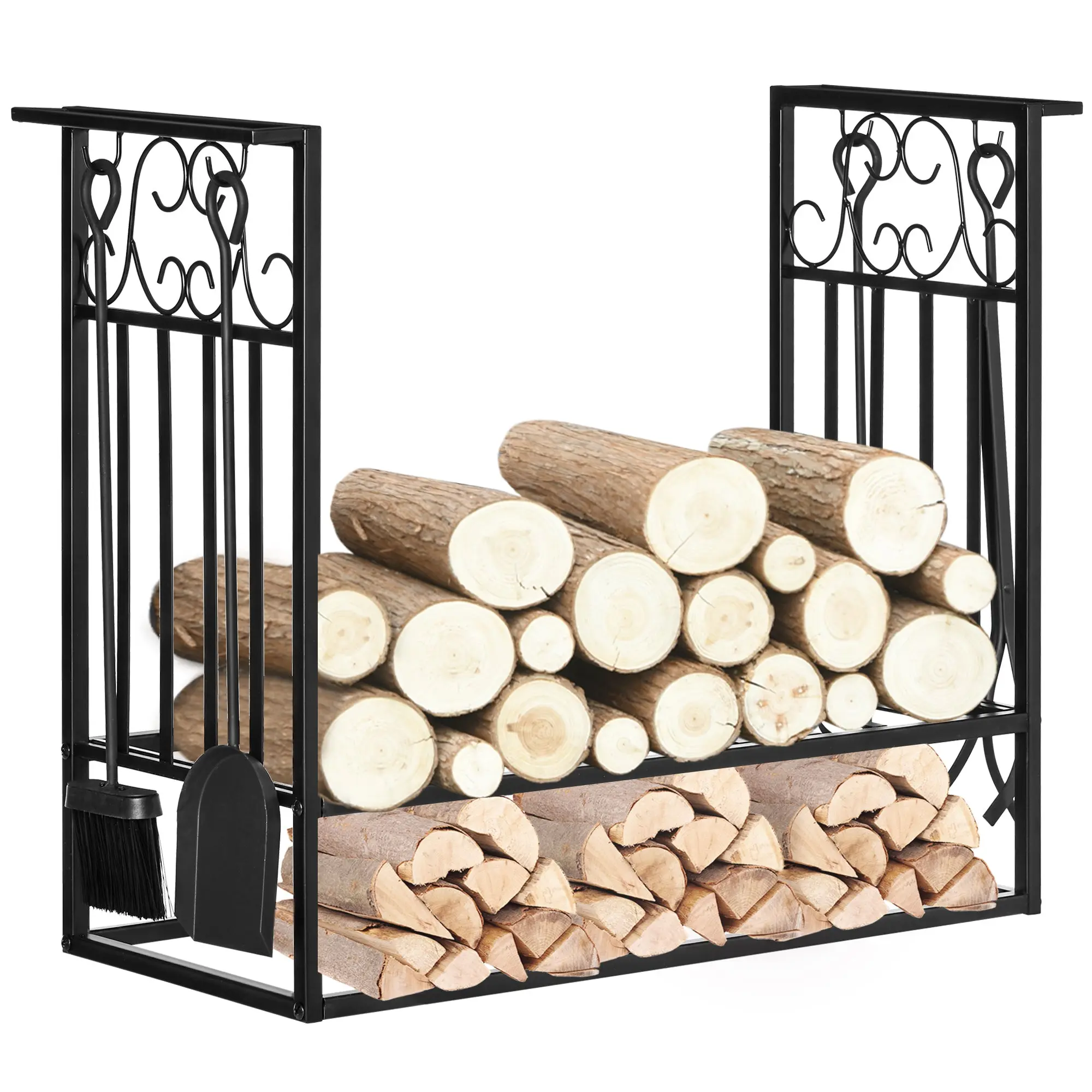 Firewood Stand with Fireplace Tools, Wood Rack, Firewood Storage, Fireplace Tool Set, Steel Black 75 x 30 x 60 cm