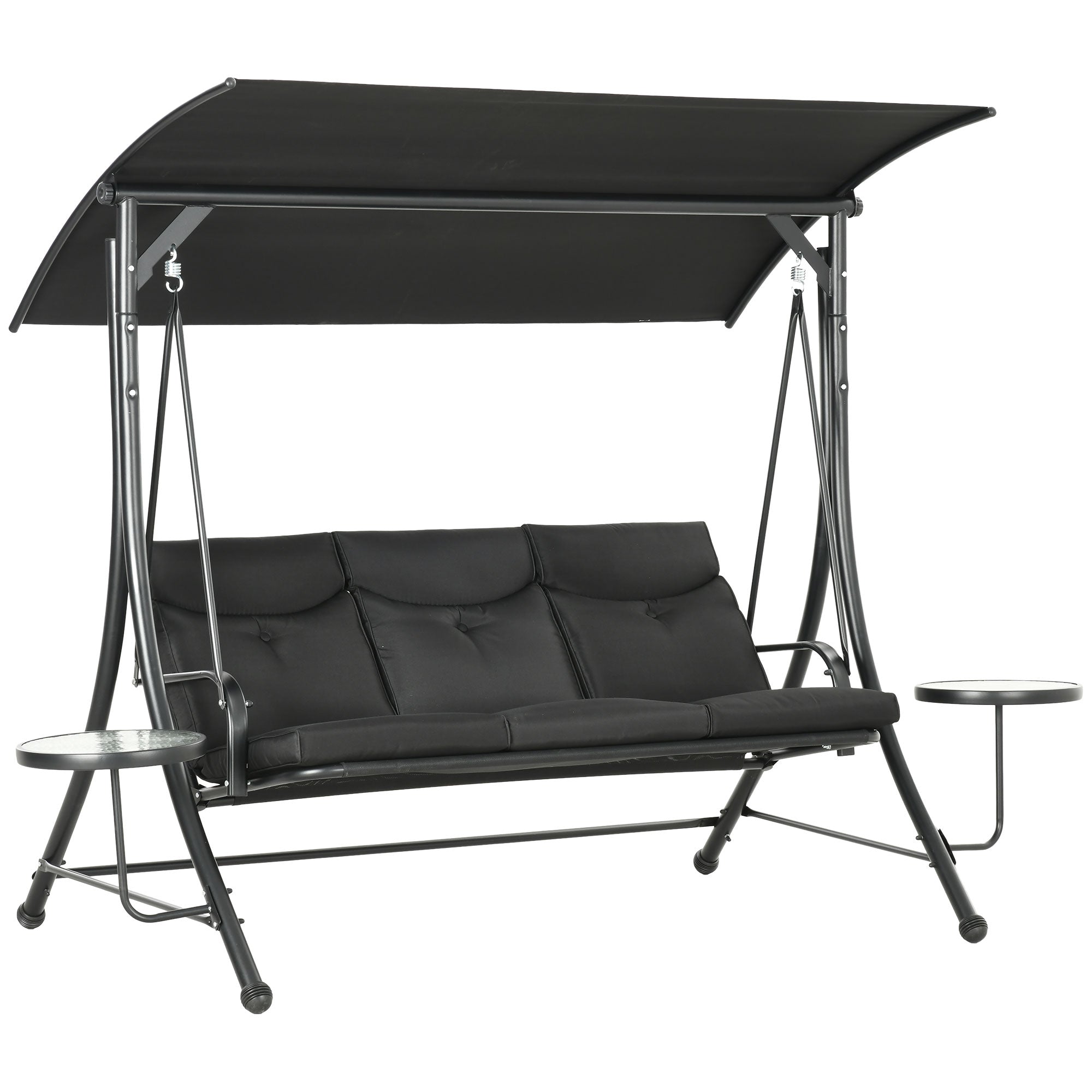 Outsunny Hollywood-hängmatta med kaffebord, 3-sits trädgårdshängkorg med justerbart solskydd, hängbänk för upp till 300 kg, för trädgård, uteplats, 278 x 135 x 177 cm, Svart
