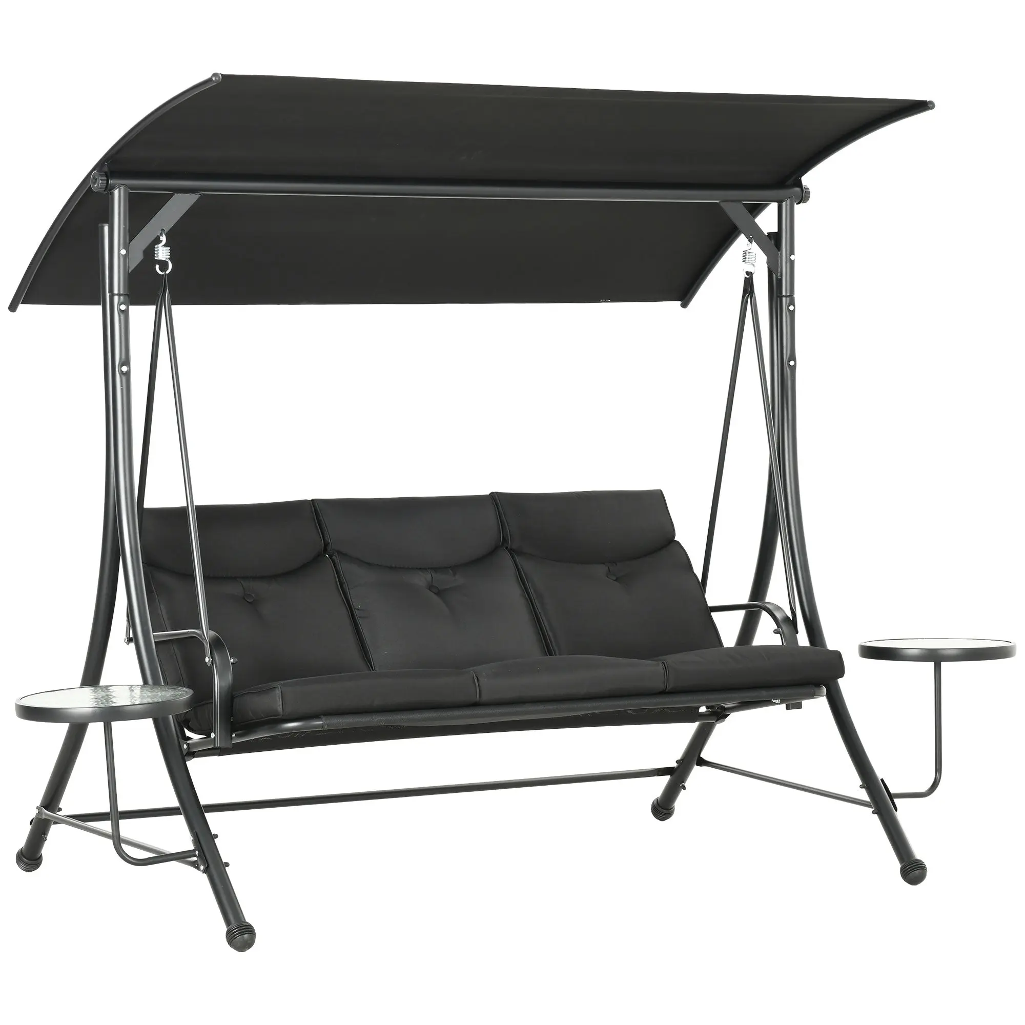 Hollywood Swing with Coffee Tables, 3-Seater Garden Swing with Adjustable Canopy, Swing Bench Holds Up to 300kg, for Garden, Patio, 278 x 135 x 177 cm, Black