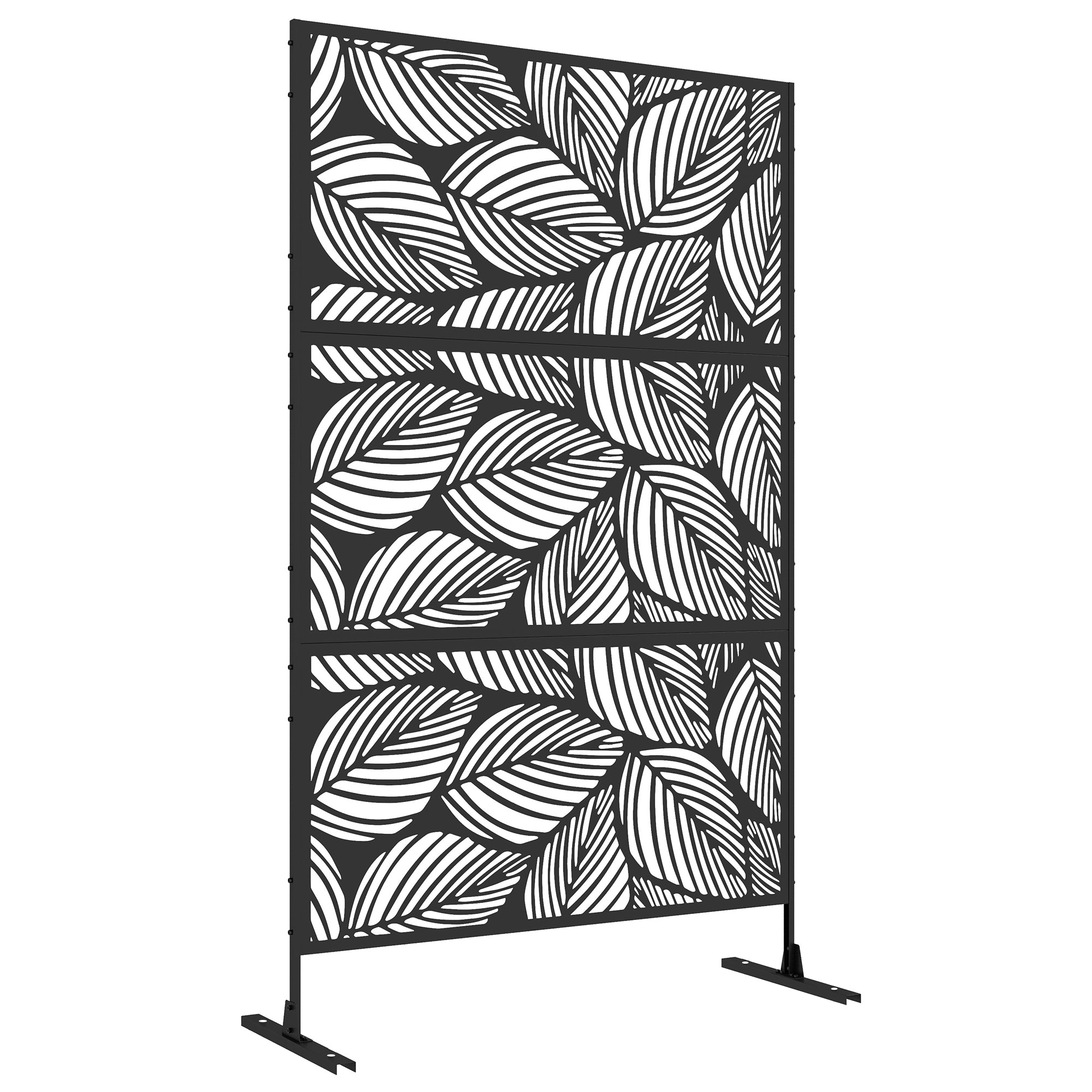 Paravent Outsunny 3 Panneaux 122 x 198 cm Écran de Confidentialité de Jardin, Mur de Séparation 3 Pièces en Acier Autonome avec Motif de Feuilles pour Jardin, Patio, Noir