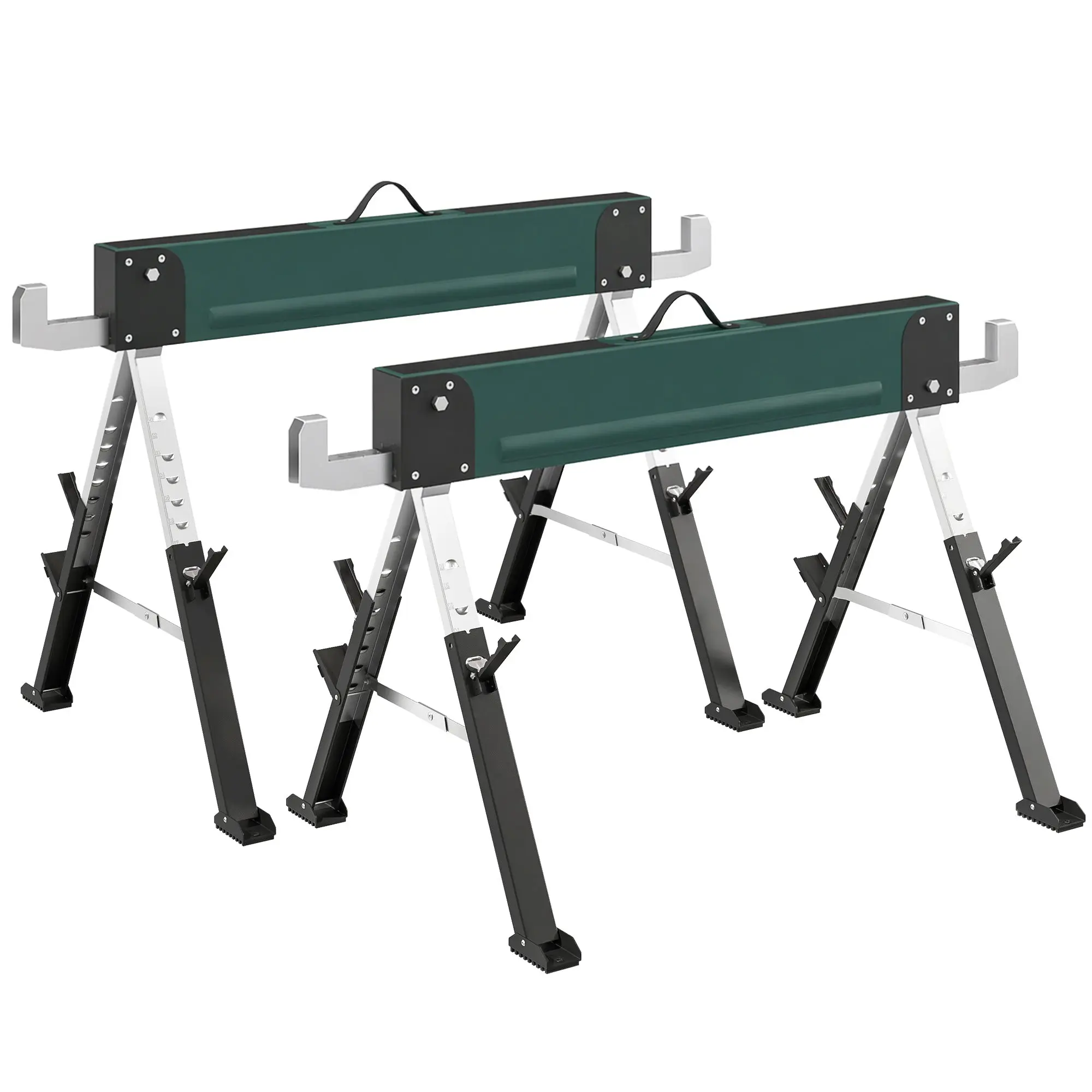 Set of 2 Folding Metal Sawhorses, 2,558 lb Total Capacity, Portable, Adjustable Height 25–32 in, Carry Handle, 2x6 Support, for DIY & Sawing, 45.7 x 25.2 x 31.9 in, Green