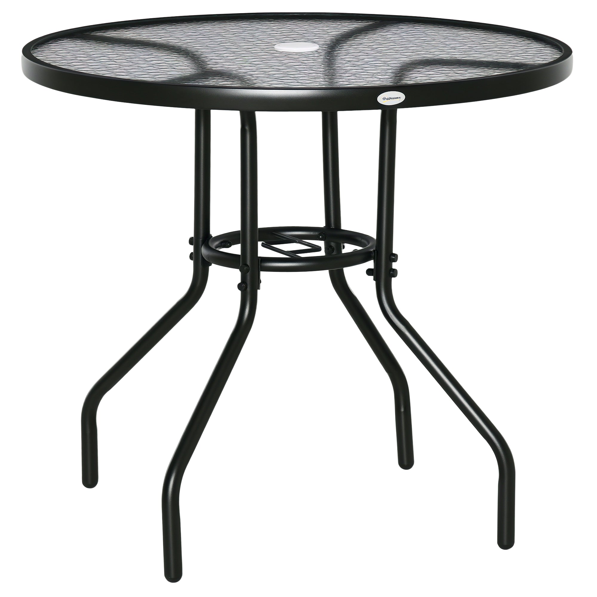 Garden Table Patio Side Table Outdoor Furniture Balcony Table Bistro Table with Umbrella Hole Tempered Glass + Metal Black ?80 x 72 cm