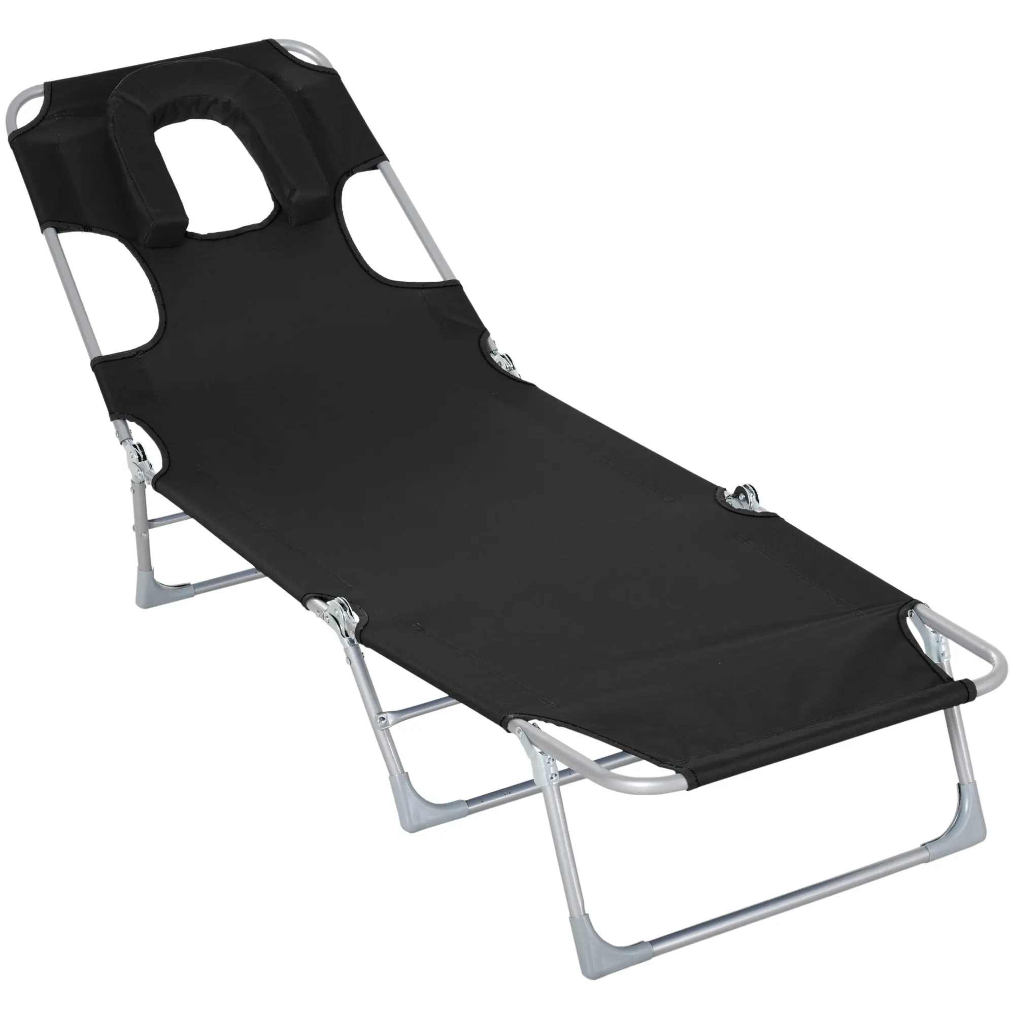 Garden Reclining and Folding Lounger with Reading Hole, Headrest, and Adjustable Backrest in 5 Levels for Beach 182x56x28 cm Black