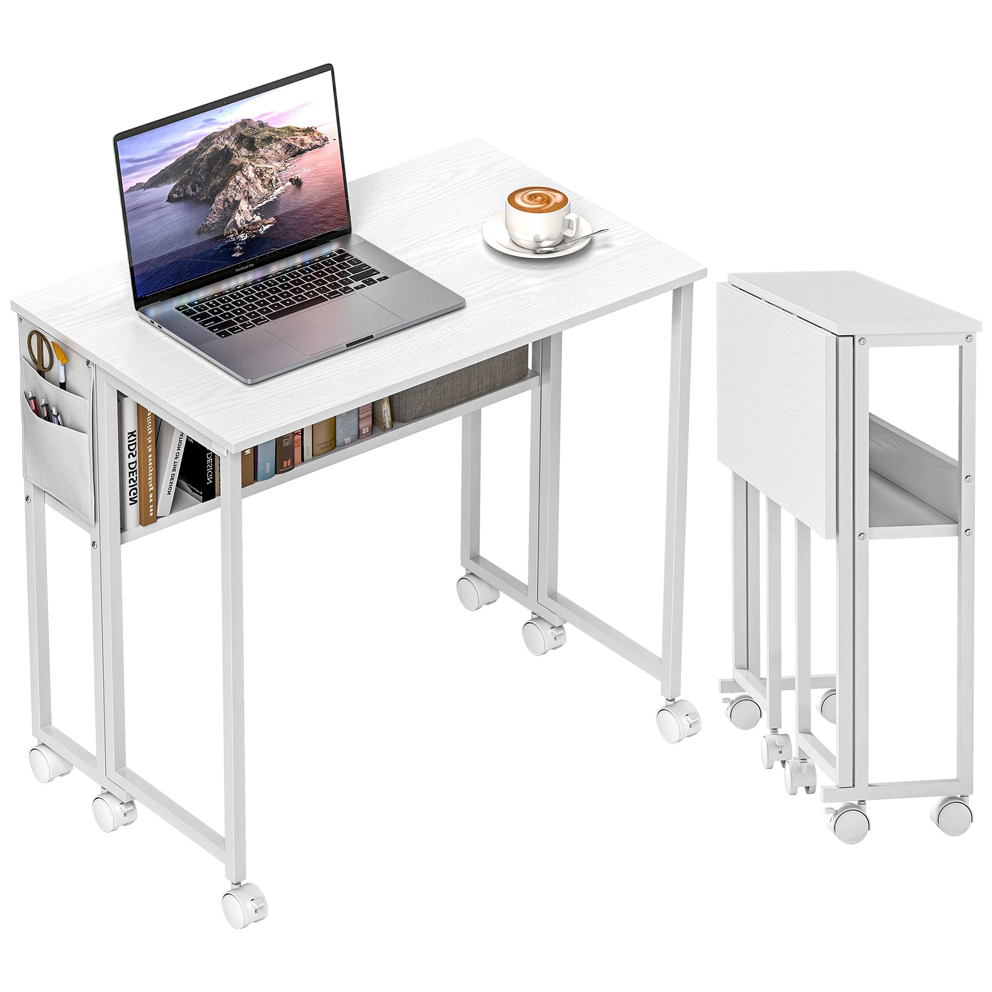 HOMCOM Pladsbesparende Foldebord med Vippelåg, Lille Bord med Bremsehjul, Hylde og Opbevaringslommer, Sammenklappeligt Computertable for Hjem, Studie og Kontor, 80x50x75 cm, Hvid