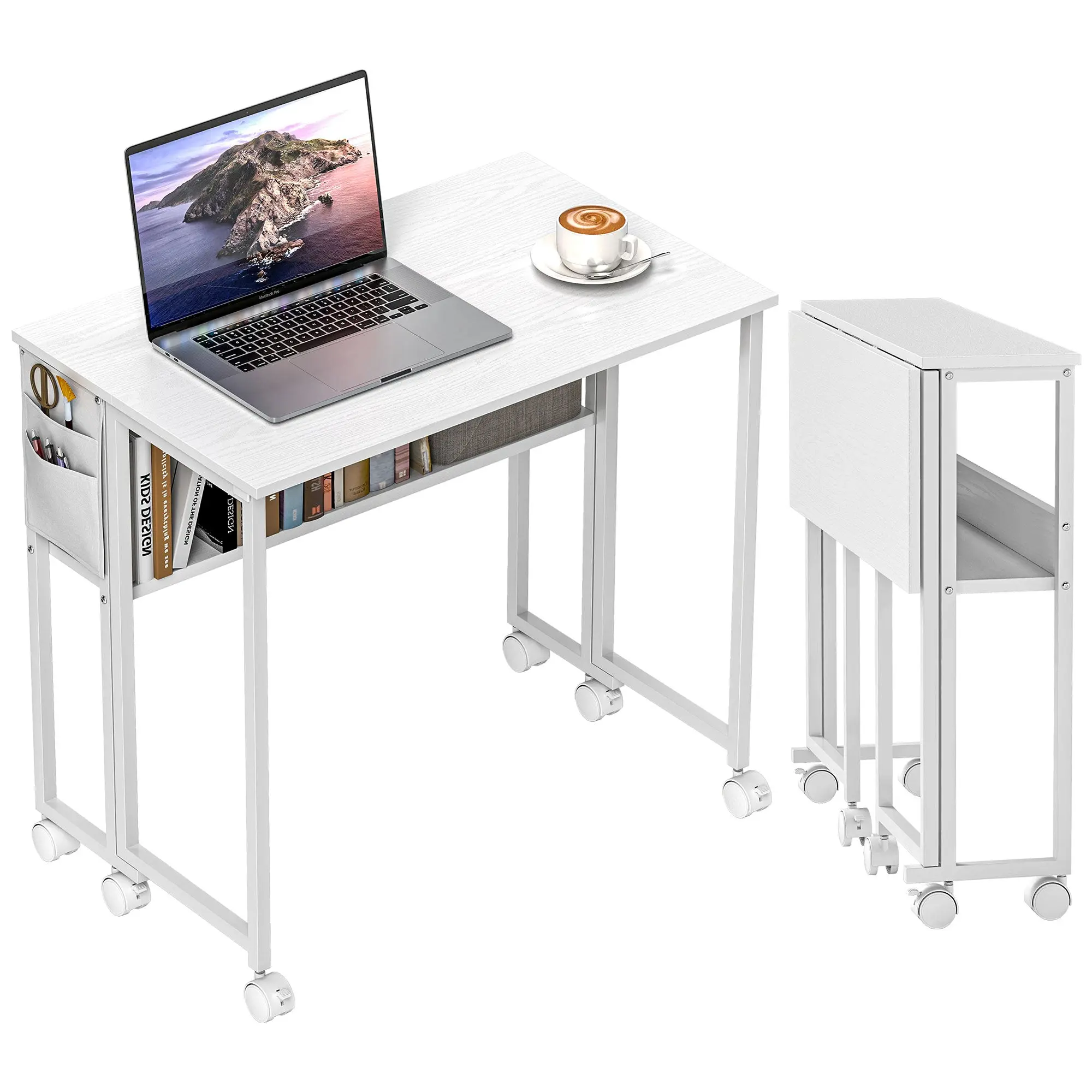 Space-Saving Folding Flip-Top Desk, Small Desk with Brake Wheels, Shelf and Storage Pocket, Foldable Computer Table for Home, Study, and Office, 80x50x75 cm, White