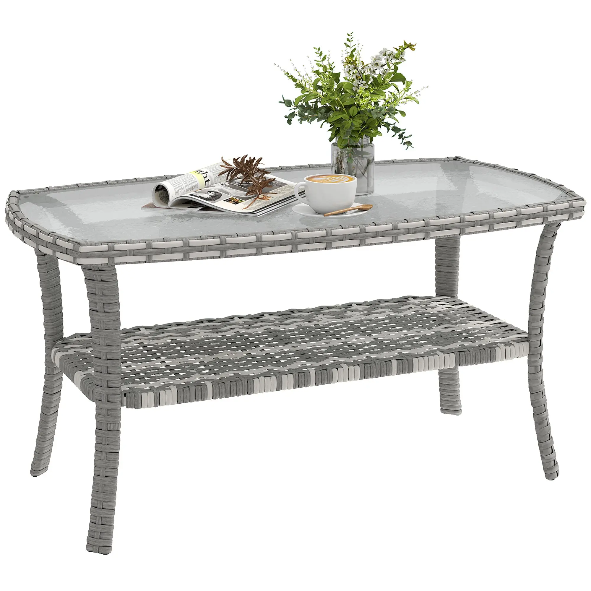 Outdoor Rattan Garden Side Table with Shelf — Rectangular Tempered Wavy Glass Top, 35.4 x 19.7 x 17.7 in (90 x 50 x 45 cm), Dark Gray