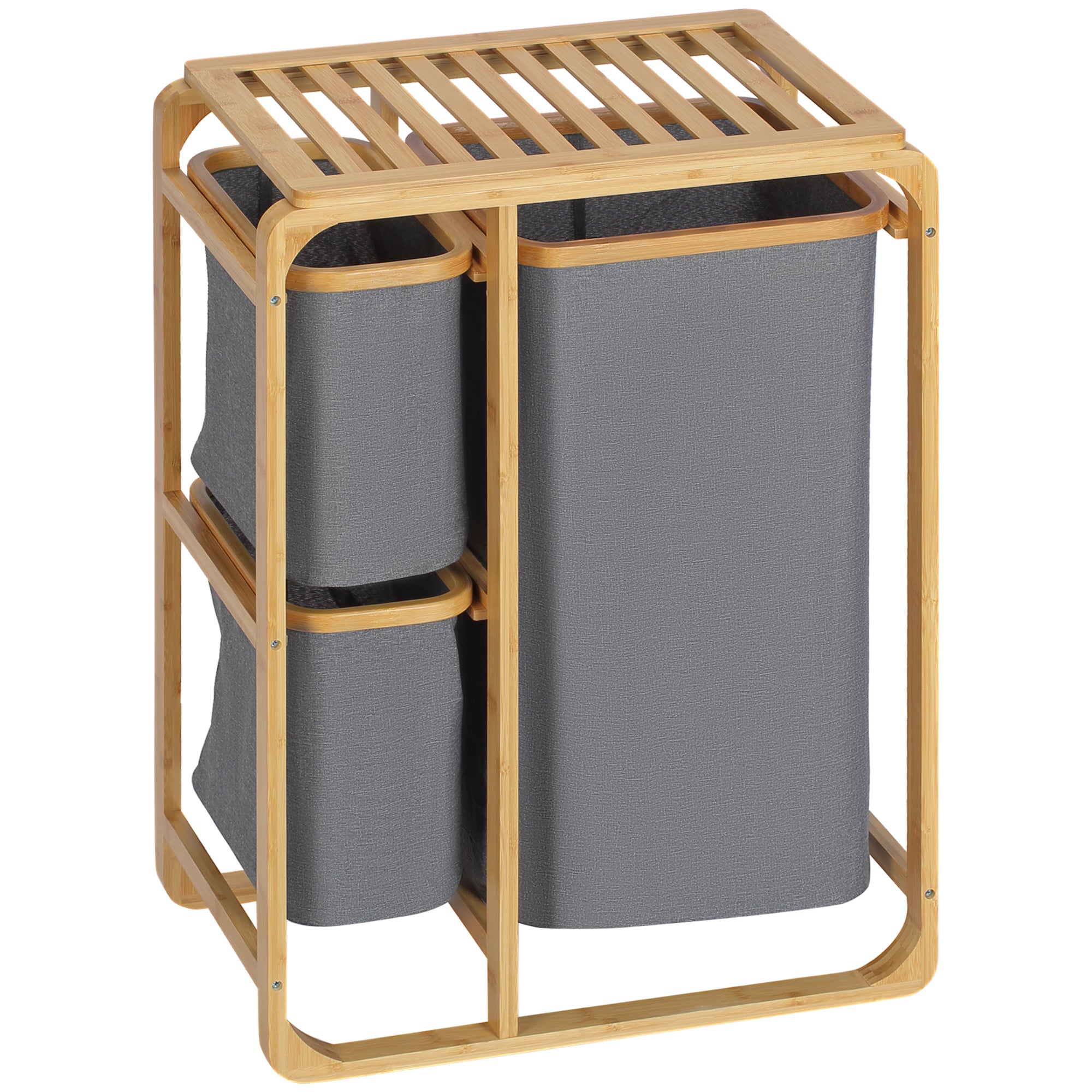 HOMCOM Wasmand met Platform en 3 Verwijderbare Waszakken Organizer voor Slaapkamer Badkamer Bamboe Grijs+Natuurlijk 50 x 32 x 69,7 cm