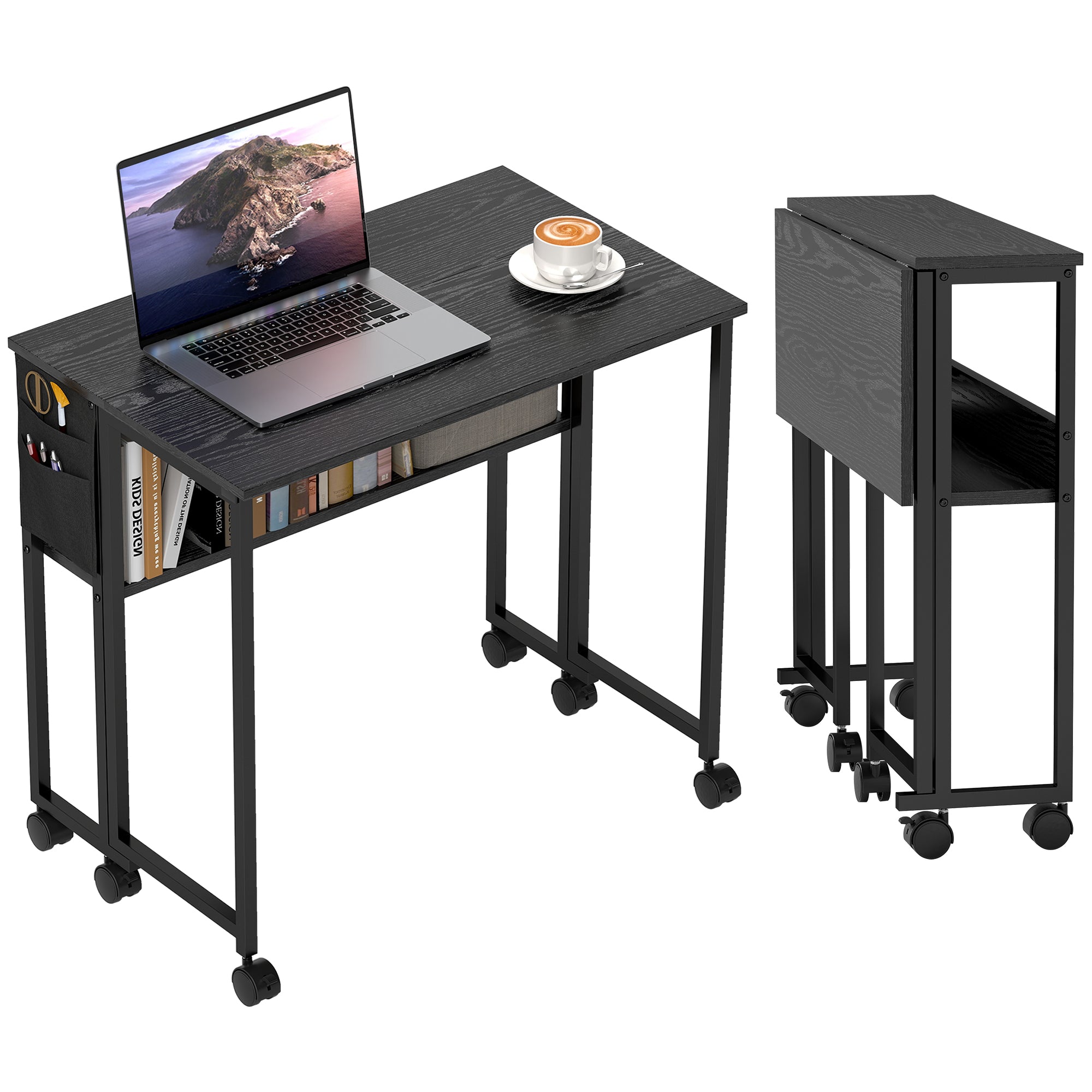 HOMCOM Pladsbesparende Foldebord med Klap, Lille Bord med Bremsehjul, Hylde og Opbevaringslomme, Sammenklappeligt Computertaburett til Hjem, Studie og Kontor, 80x50x75 cm, Sort
