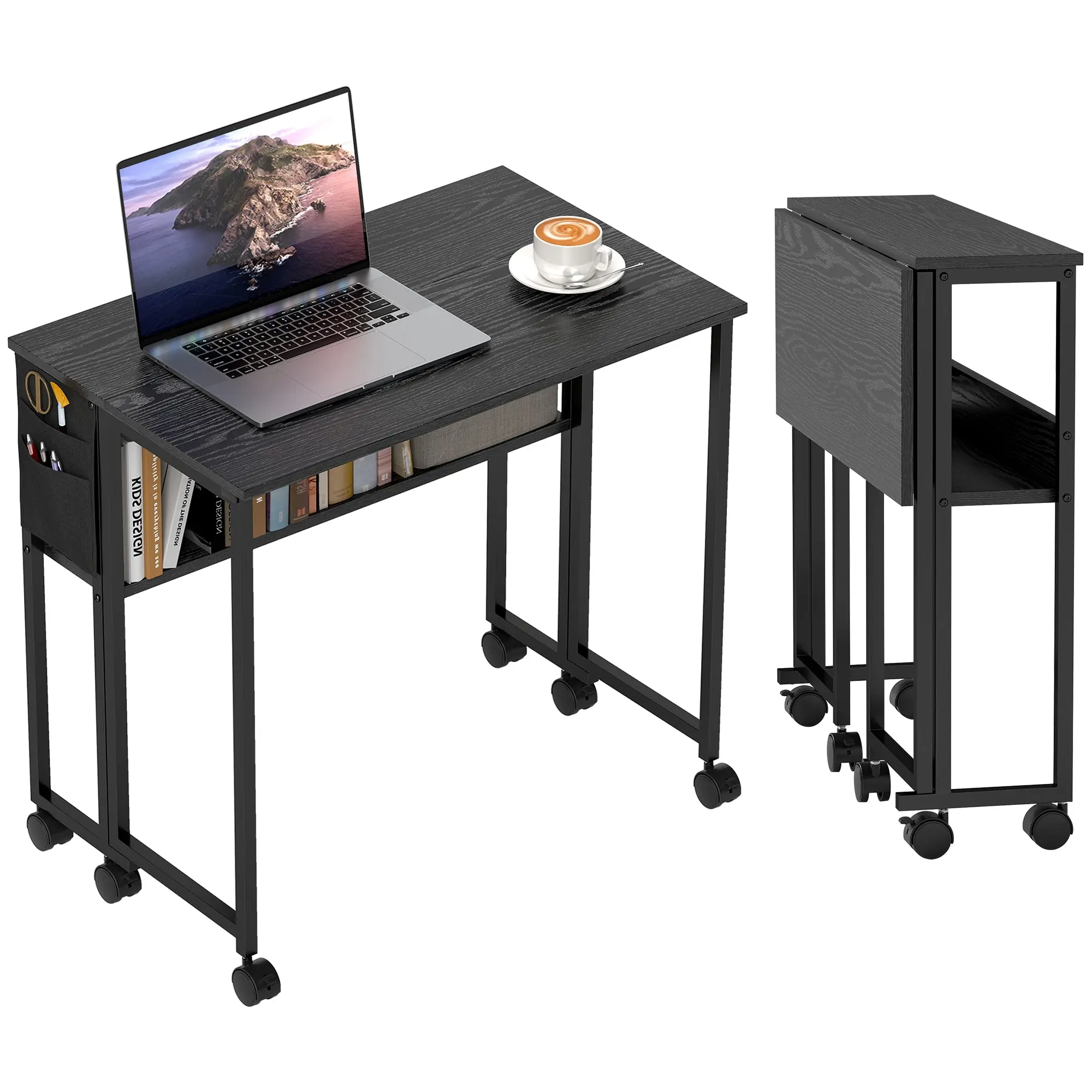 Space Saving Folding Flip-Top Desk, Small Desk with Brake Wheels, Shelf and Storage Pocket, Foldable Computer Table for Home, Study, and Office, 80x50x75 cm, Black