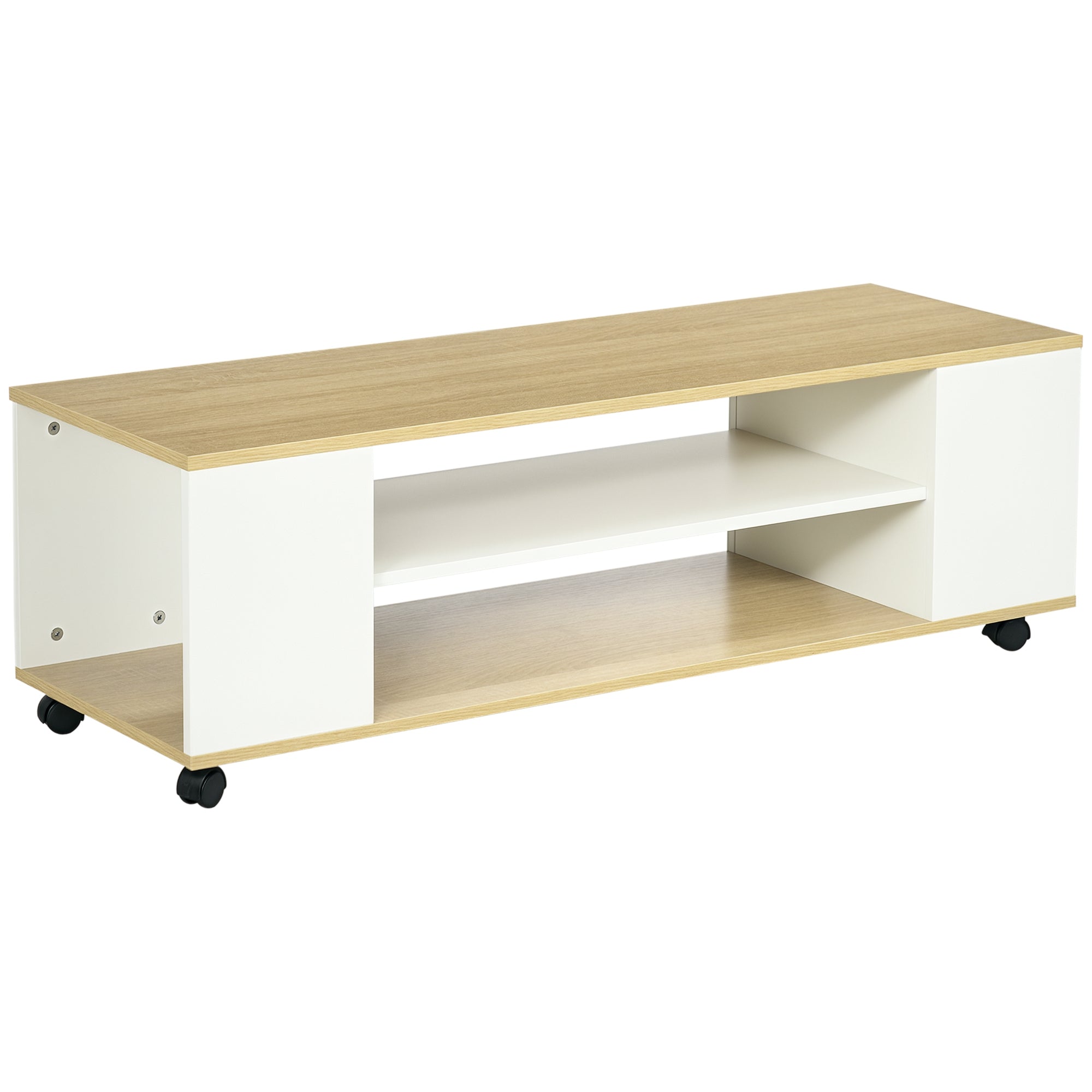 HOMCOM TV-Ständer mit Rollen - Fernsehtisch, schwebender TV-Ständer mit 2 Stauraumregalen für TVs bis 55 Zoll, 120x40x38,5 cm, Weiß