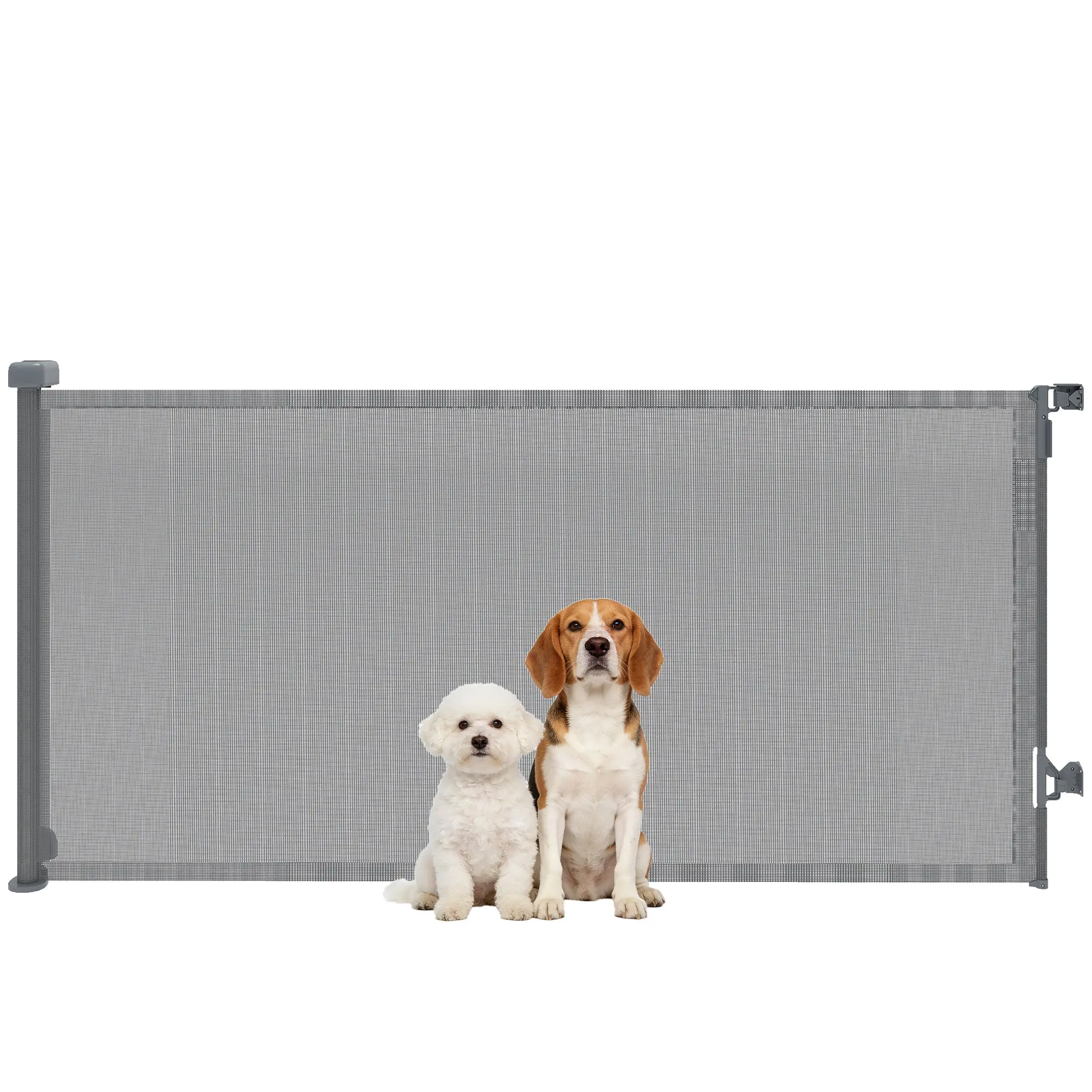 Retractable Dog Safety Gate — Extends to 71 in Wide x 36.6 in High, One-Hand Operation, Gray