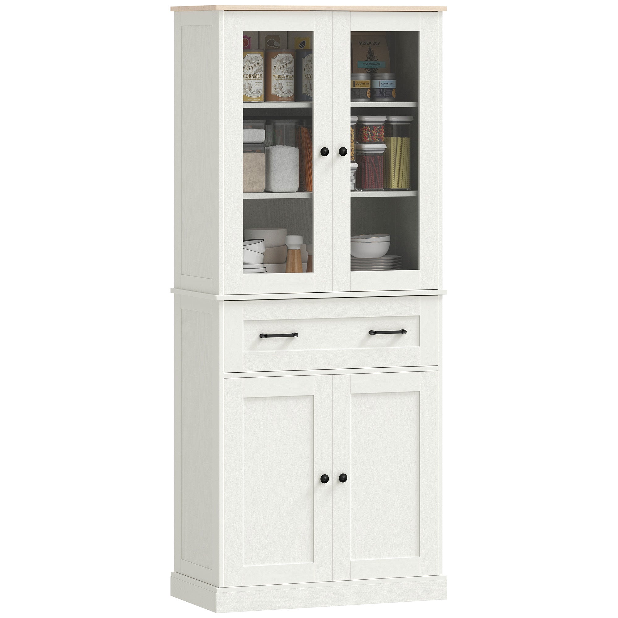 HOMCOM konyhai spájzs szekrény, tárolószekrény 2 akril ajtóval, nagy fiókkal és állítható polcokkal az étkezőbe, 76 × 40 × 182,5 cm, krémszínű