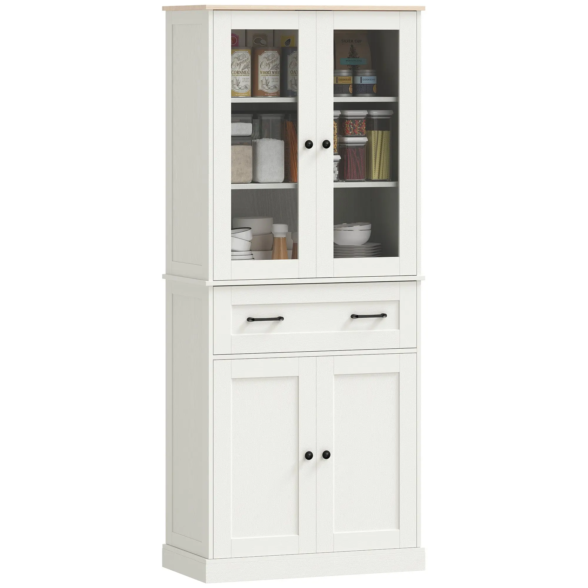 Kitchen Pantry Cabinet, Storage Cupboard with 2 Acrylic Doors, Large Drawer & Adjustable Shelves for Dining Room, 76 x 40 x 182.5 cm (29.9 x 15.7 x 71.9 in), Cream