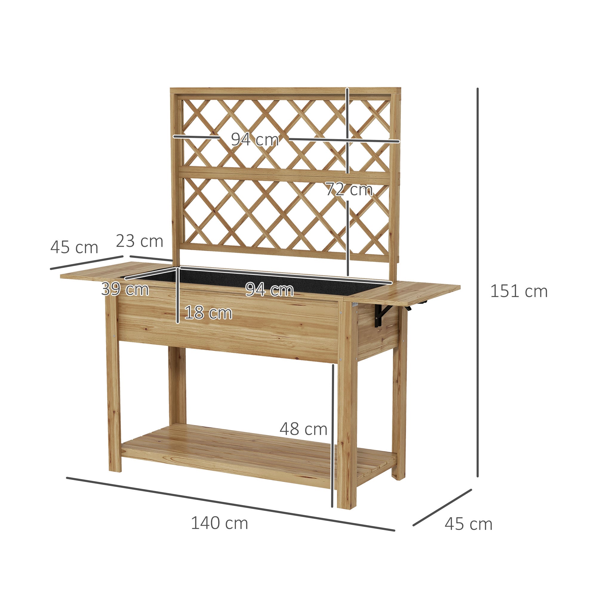 Outsunny Téglalap alakú Emelt Virágtartó Rácsos Háttal - Emelt kertágy 2 hajtható oldalsó polccal és 1 alsó polccal - fa méretek 140L x 45W x 151H cm