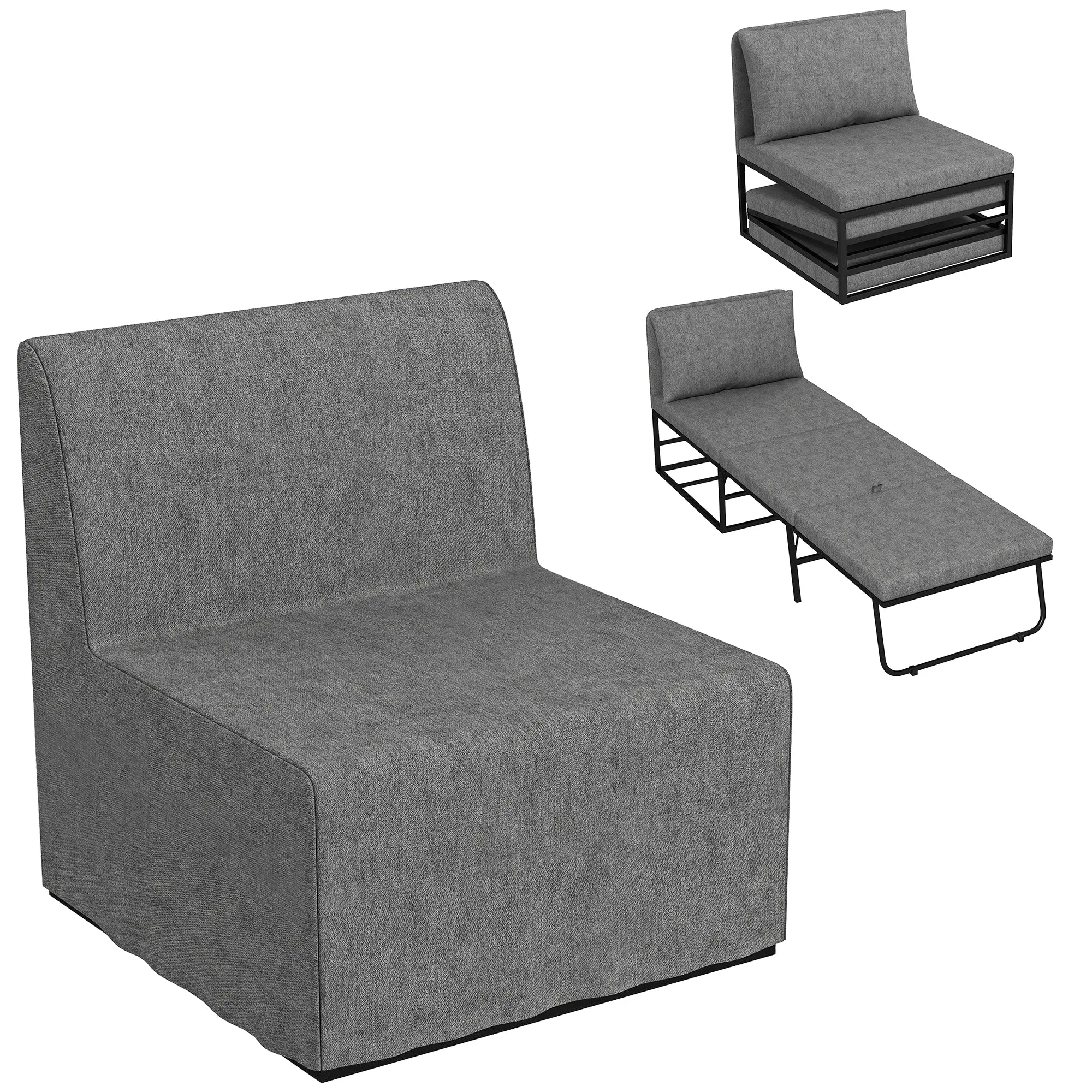1-Seater Convertible Chair 2-in-1 Folding Bed Chair with Cushion and Dust Cover, Metal Frame, Single Sofa Bed for Guests, Living Room, Office, Grey
