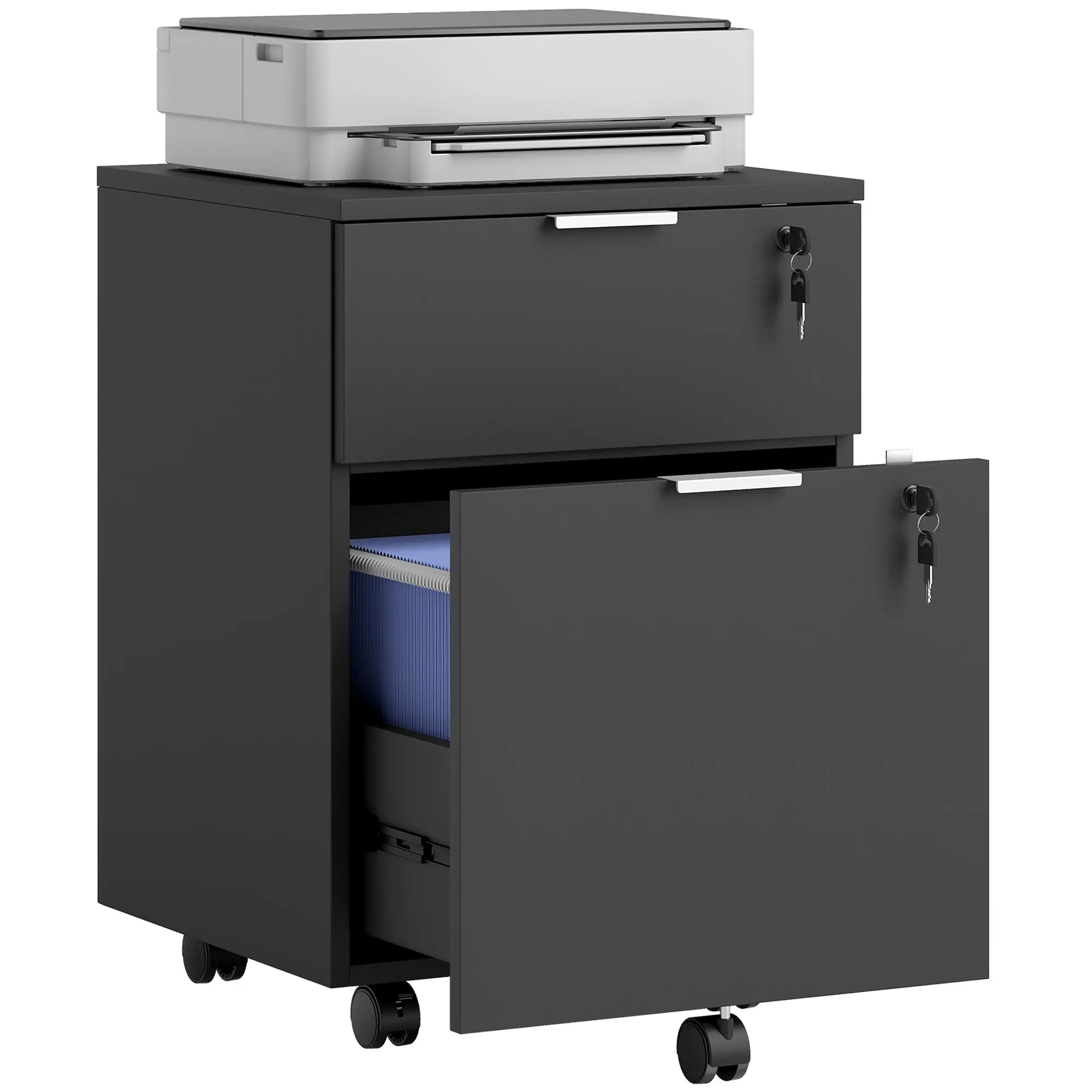 Office Pedestal - 2-Drawer Lockable Mobile File Cabinet with Hanging Rails, 2 Keys, Black (16.5 x 15.7 x 23.6 in)