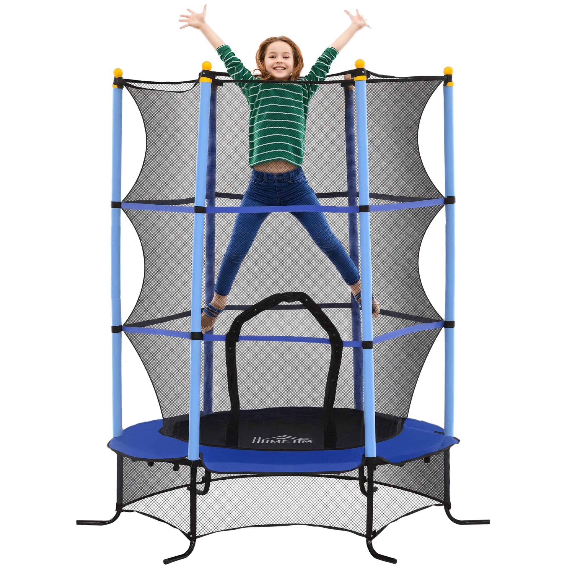 HOMCOM Lasten Trampoliini Ø163 cm, Trampoliini Turvaverkolla, Reunapeite, Puutarhatrampoliini 3-10-vuotiaille, enintään 50 kg Kuormakapasiteetti, Sininen