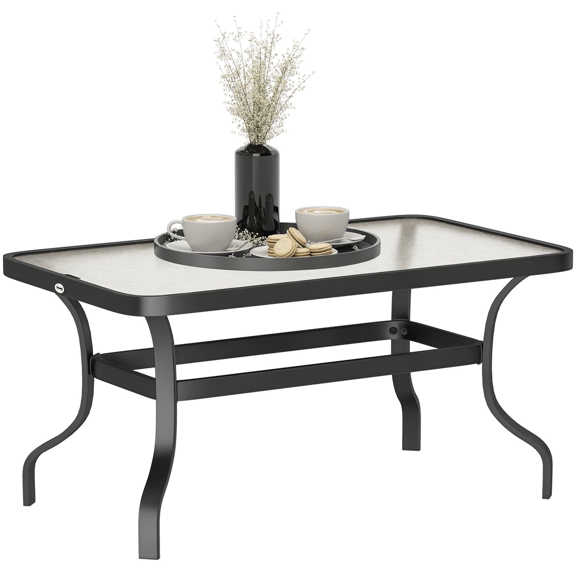 Side Table Tempered Glass Coffee Table with Wave Design, Rounded Corner Balcony Table Patio Table Sofa Table Tea Table Garden Furniture for Living Room Garden Terrace Balcony, 95x55 cm Black