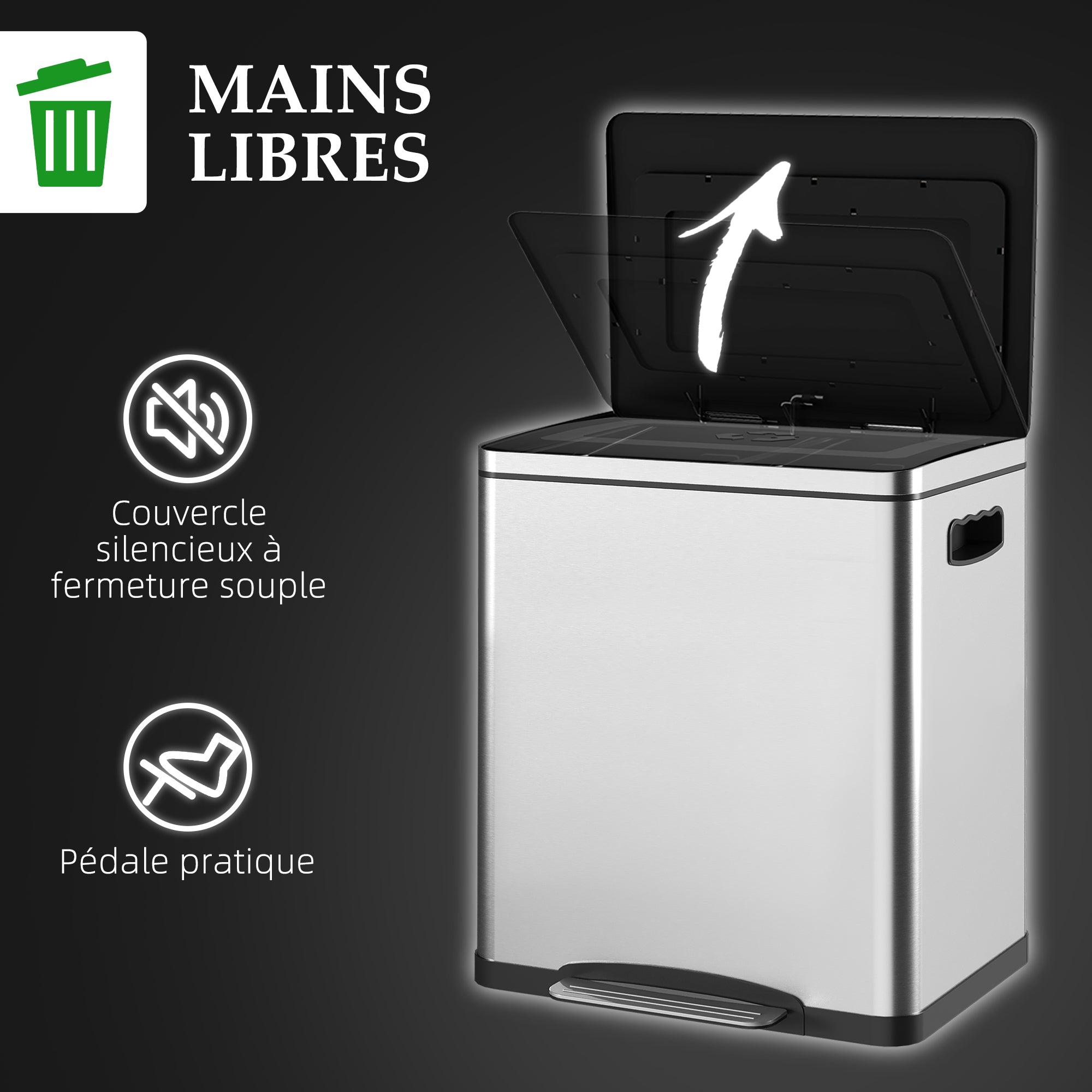 HOMCOM Poubelle à pédale de 40L x 34.8W x 47.5H cm, 2 compartiments de 15L, en acier inoxydable avec couvercle à fermeture douce, seaux amovibles