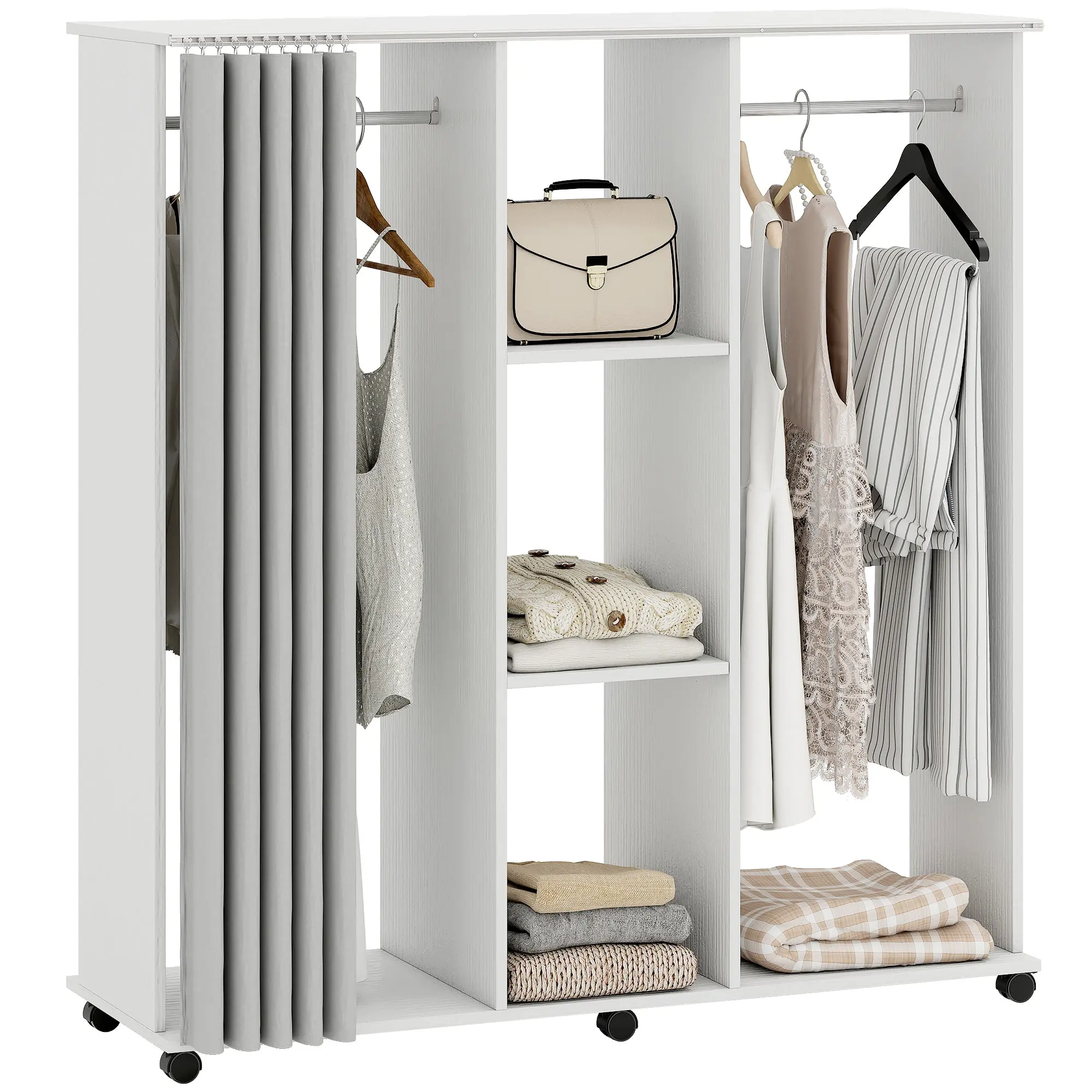 Mobile Double-Hang Wardrobe with 6 Casters, White — 47.2 x 15.7 x 50.4 in