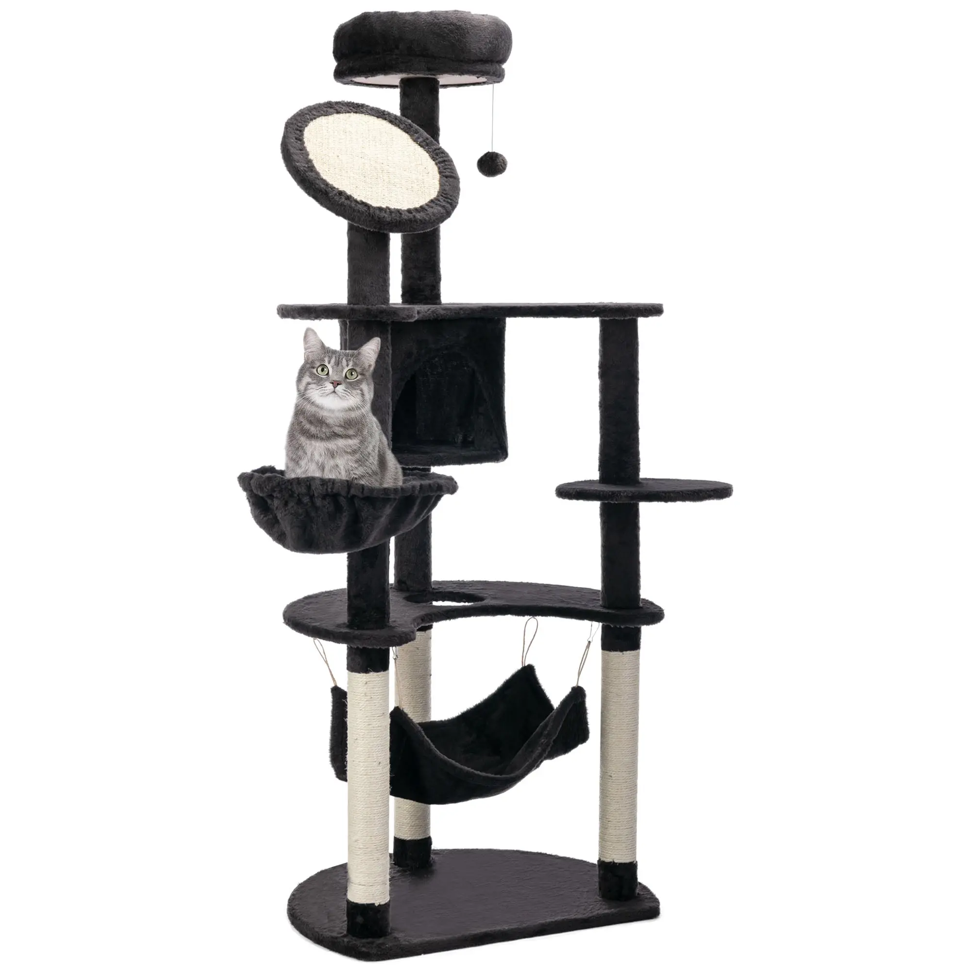 Cat Scratching Tree Large 65x50x153 cm Cat Tower Activity Center with Multiple Platforms Post Hammock Toy Balls and Dark Gray Cave